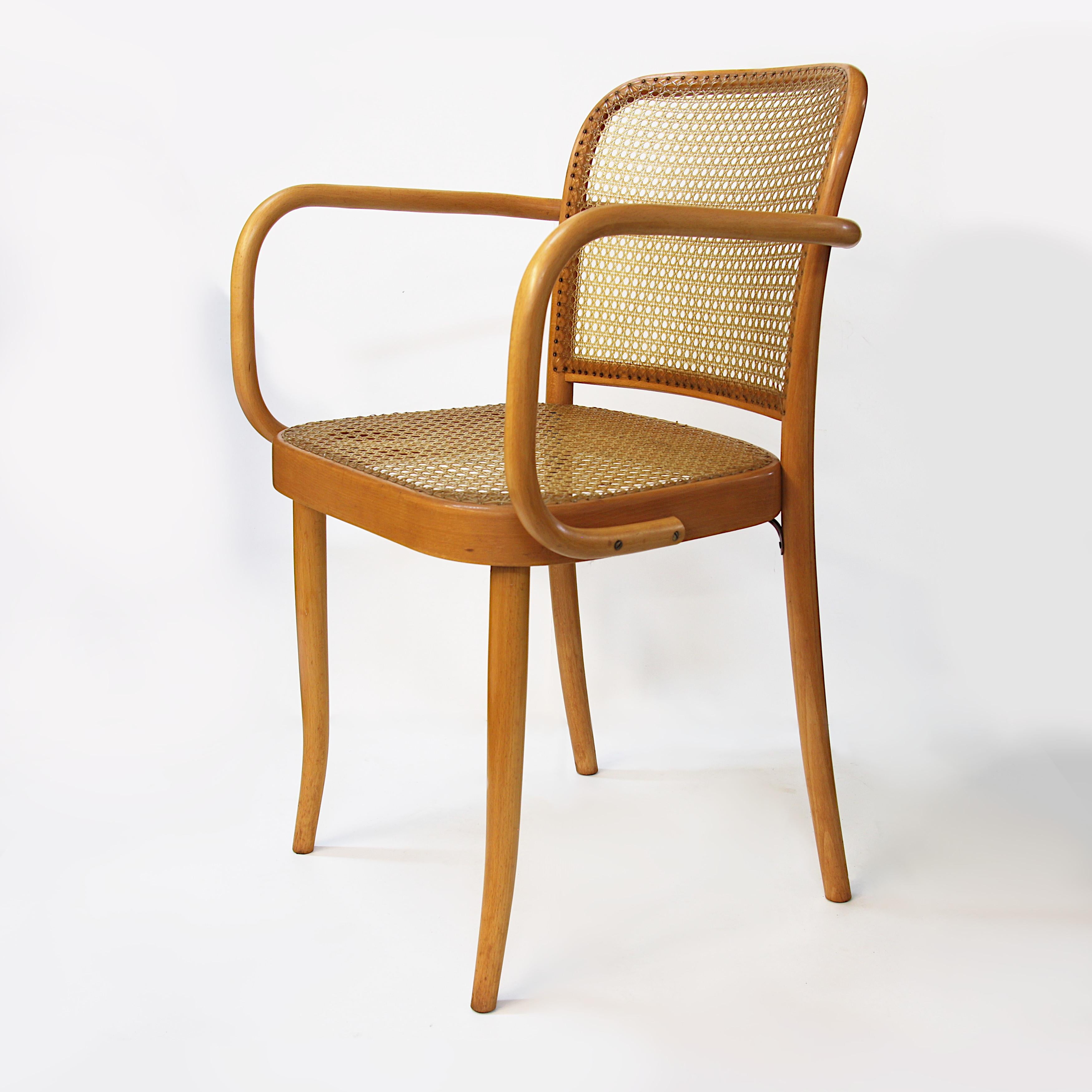 Wonderful set of six dining chairs designed by Josef Frank and Josef Hoffmann for Stendig. Chairs feature swooping, bentwood birch frames, handwoven cane seats/backs, and that iconic Bauhaus, 