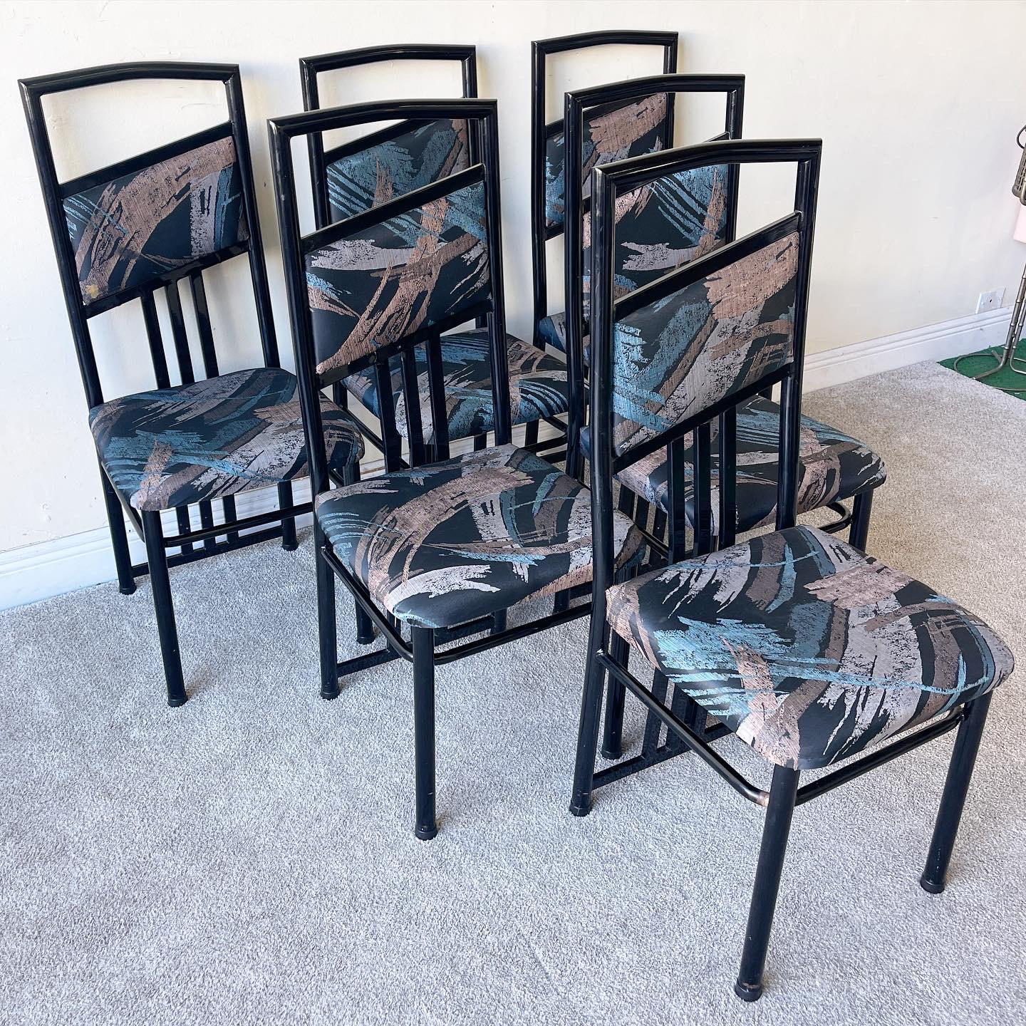 Amazing set of 6 metal chairs. Each feature a Art Deco revival shape and fabric. The chairs are a metal painted with a black lacquer.

Additional information:
Material: Fabric, Metal
Color: Black, Green, Purple
Style: Art Deco, Postmodern
Time