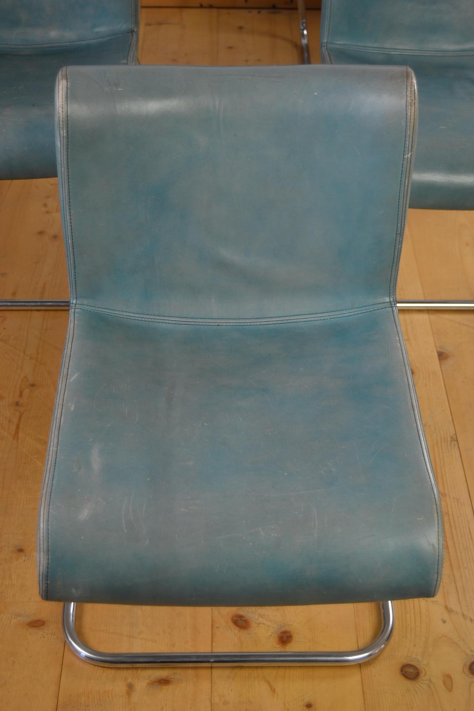 Set of 6 Vintage Blue Leather and Chrome Dining Chairs 1
