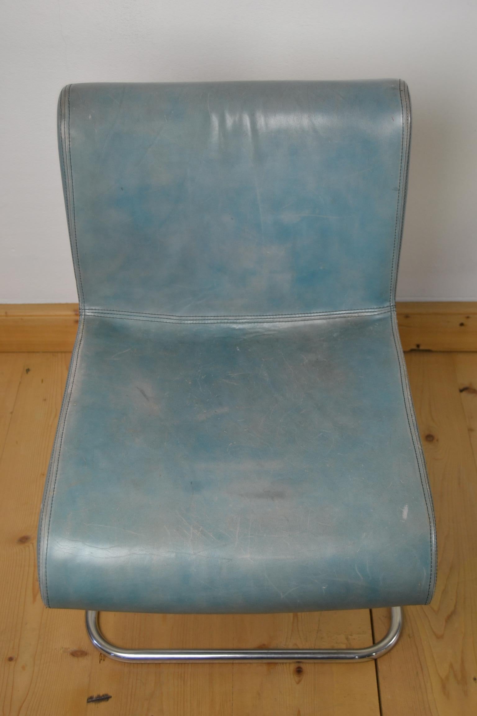 Set of 6 Vintage Blue Leather and Chrome Dining Chairs 6