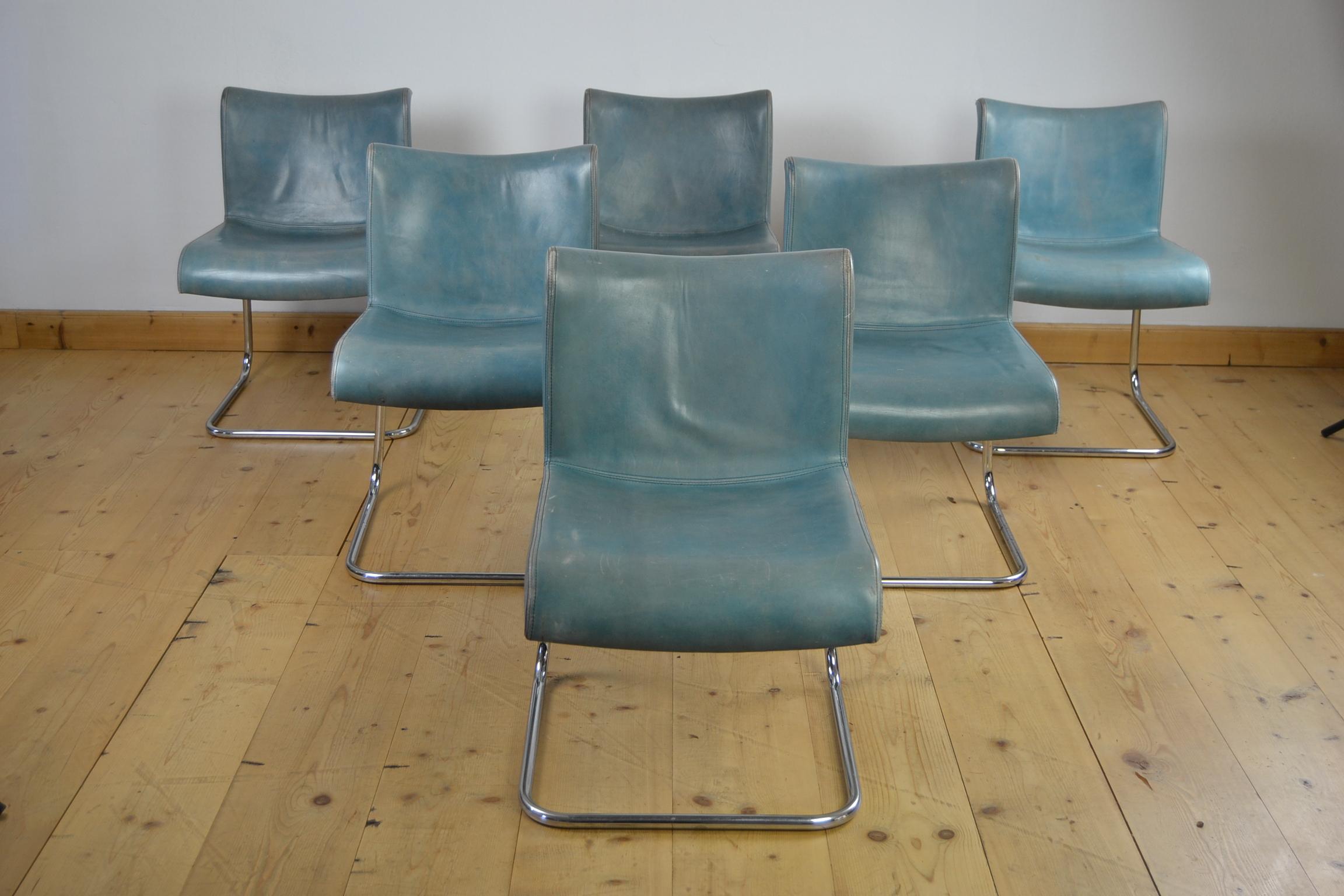 Set of 6 Vintage Blue Leather and Chrome Dining Chairs 11