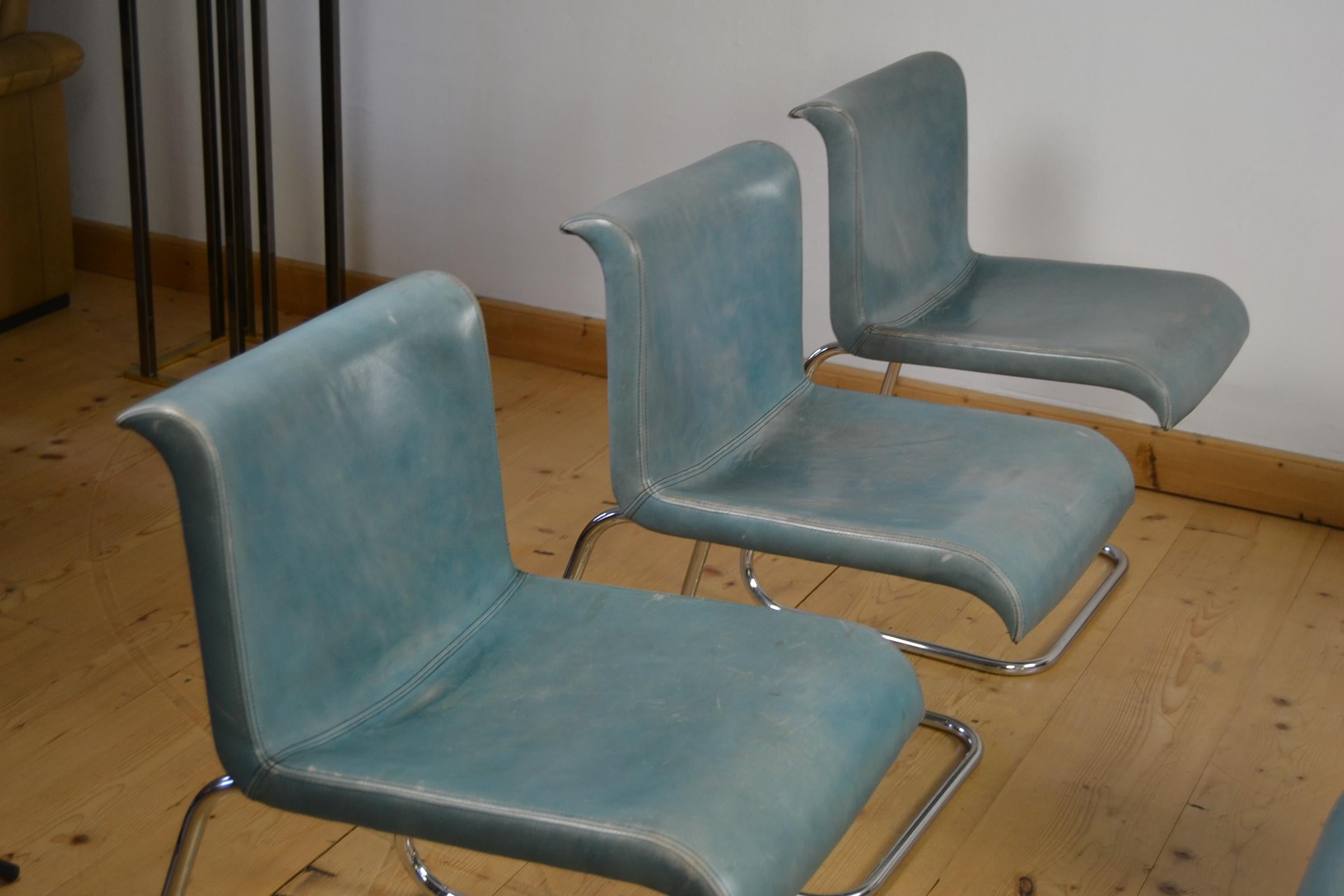 Mid-Century Modern Set of 6 Vintage Blue Leather and Chrome Dining Chairs