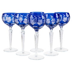 Set of 6 Vintage Bohemian Czech Blue Cut to Clear Crystal Cordial Wine Glasses
