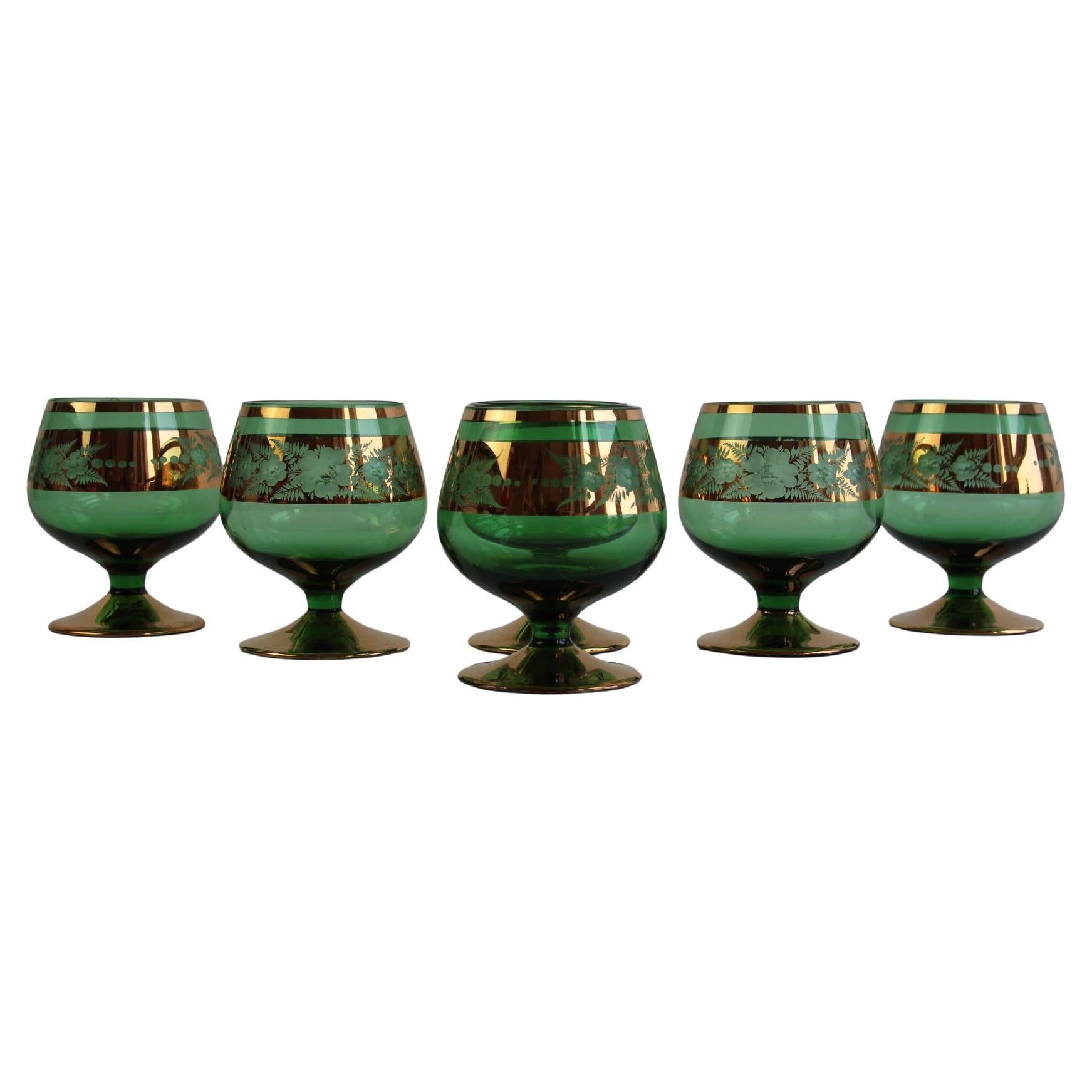 Set of 6 Vintage Bohemian Green and Gold Gilded Glasses