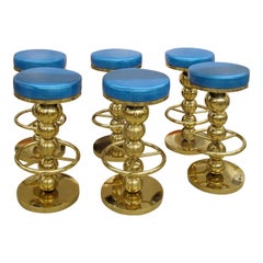Set of 6 Vintage Brass Bar Stools with Blue Leather Seats, Italian 1970s–80s