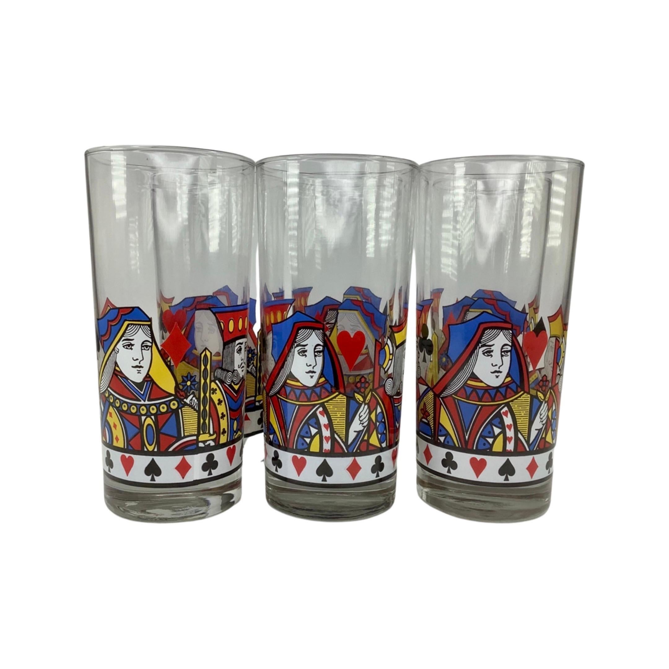 Set of 6 Vintage Card Suit Highball Glasses. Each glass with colorful enameled decoration of heads of kings and queens. A white band with enameled heart, spade, diamond and club finish the decoration on the glass. All in excellent vintage condition.