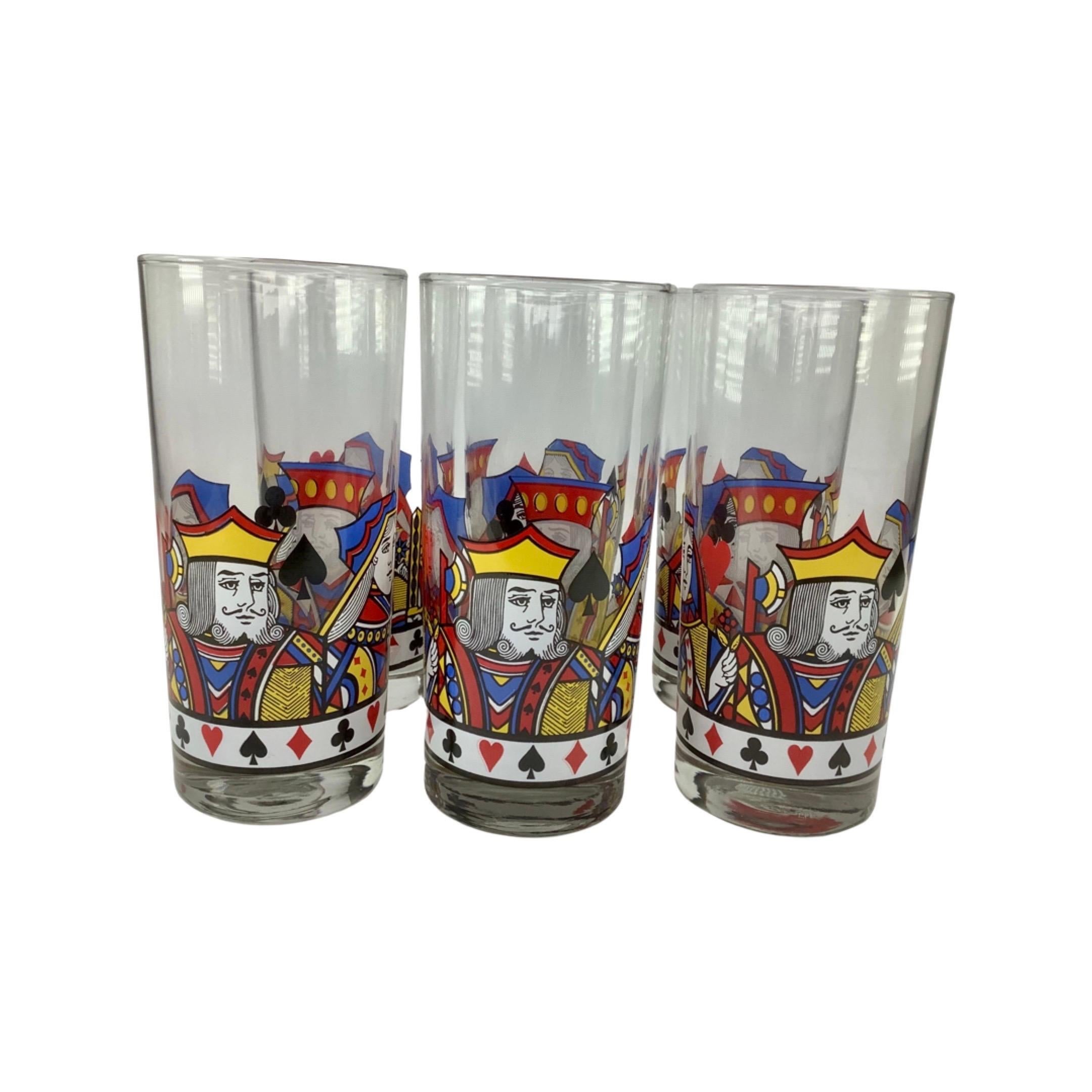 Set of 6 Vintage Card Suit Highball Glasses. Each glass with colorful enameled decoration of heads of kings and queens. A white band with enameled heart, spade, diamond and club finish the decoration on the glass. All in excellent vintage condition.