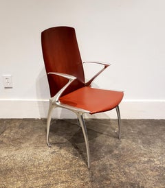 Set of 6 Vintage Cast Aluminum, Wood and Leather Chairs