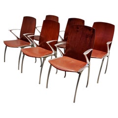 Set of 6 Vintage Cast Aluminum, Wood and Leather Chairs