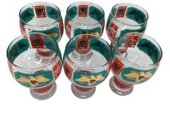 Set of 6 Vintage Cera Patriotic Drum Beer Glasses in Teal & Red Enamel