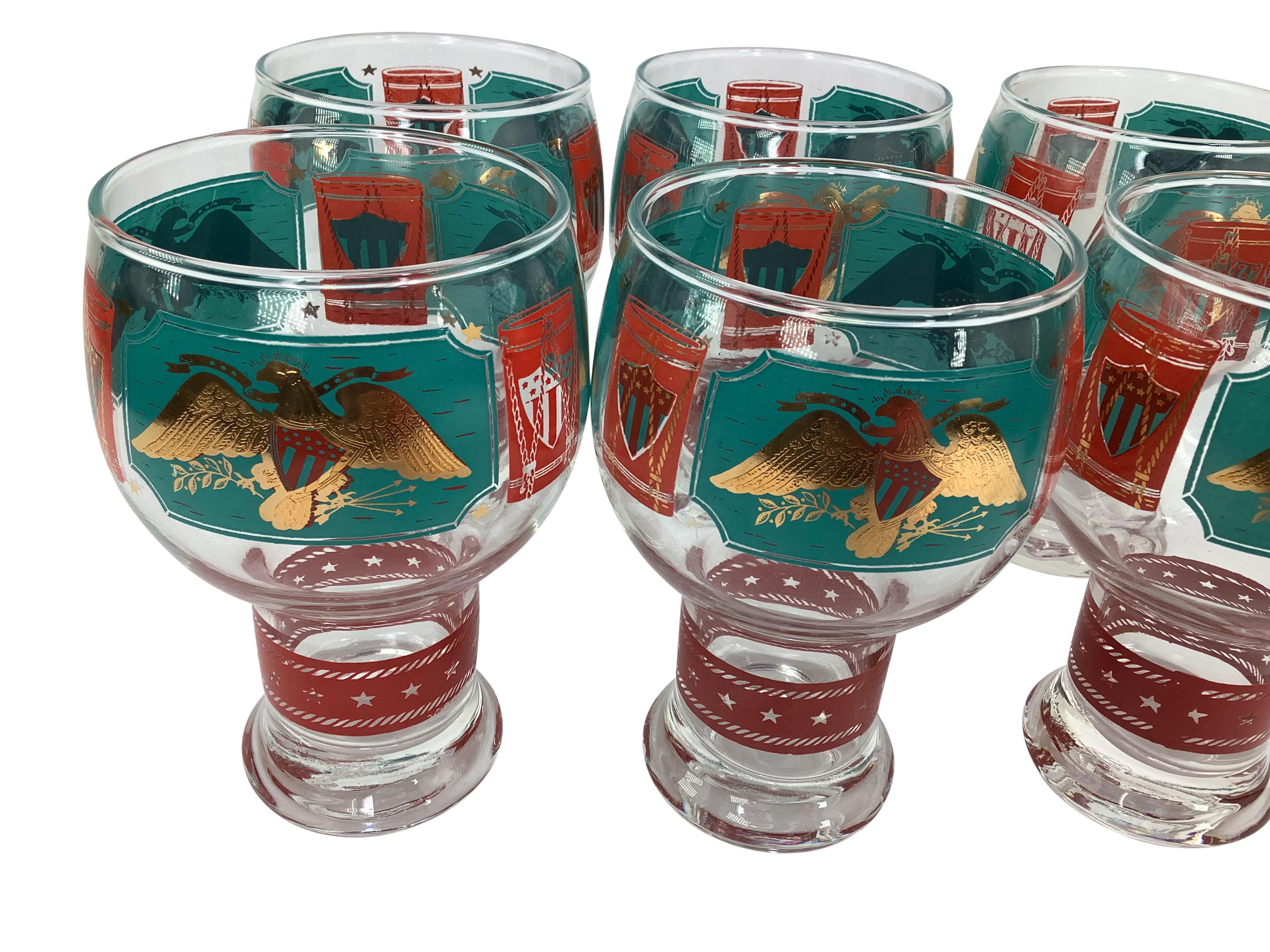 Mid-Century Modern Set of 6 Vintage Cera Patriotic Drum Beer Glasses in Teal & Red Enamel  For Sale