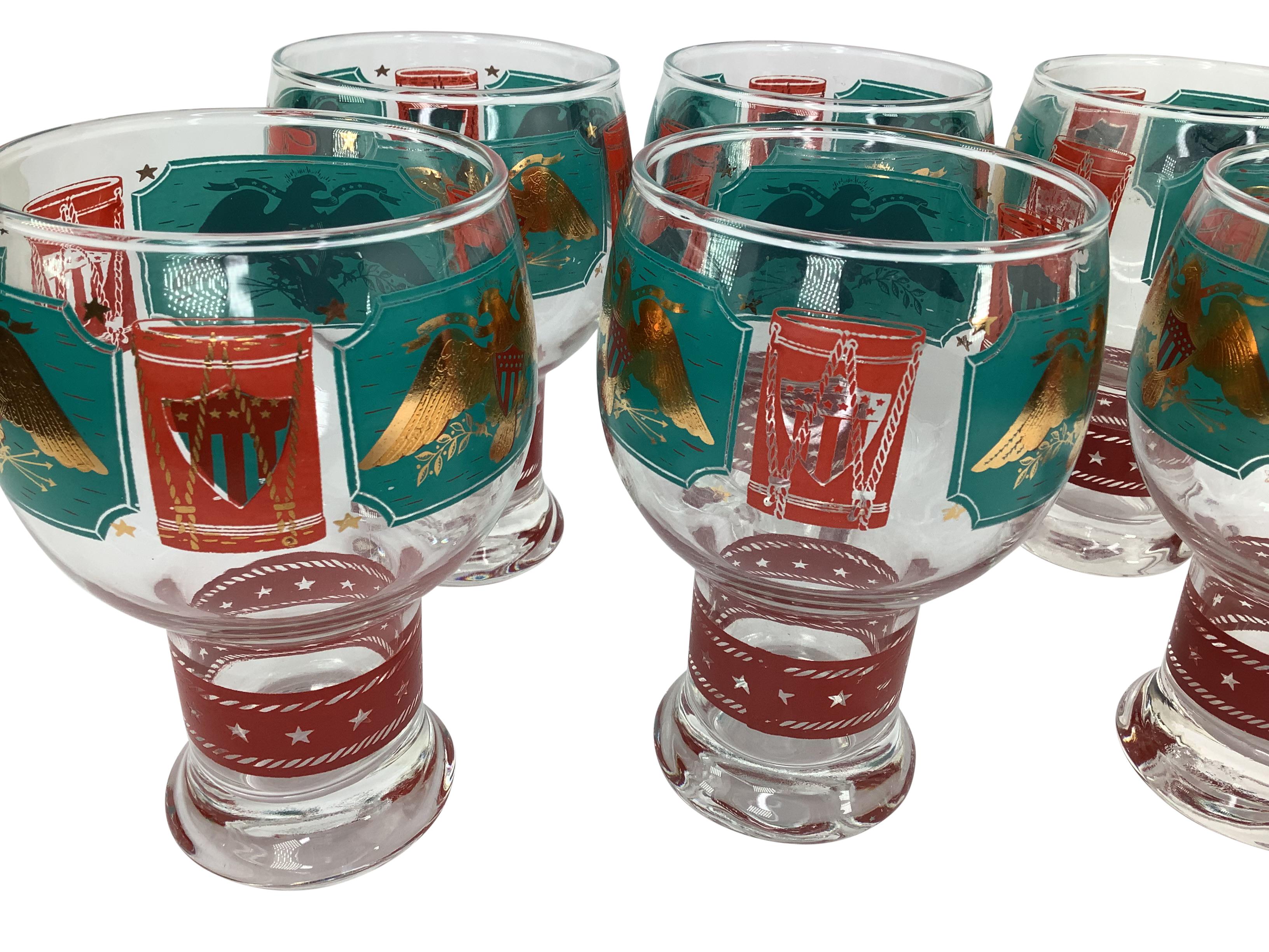 American Set of 6 Vintage Cera Patriotic Drum Beer Glasses in Teal & Red Enamel  For Sale