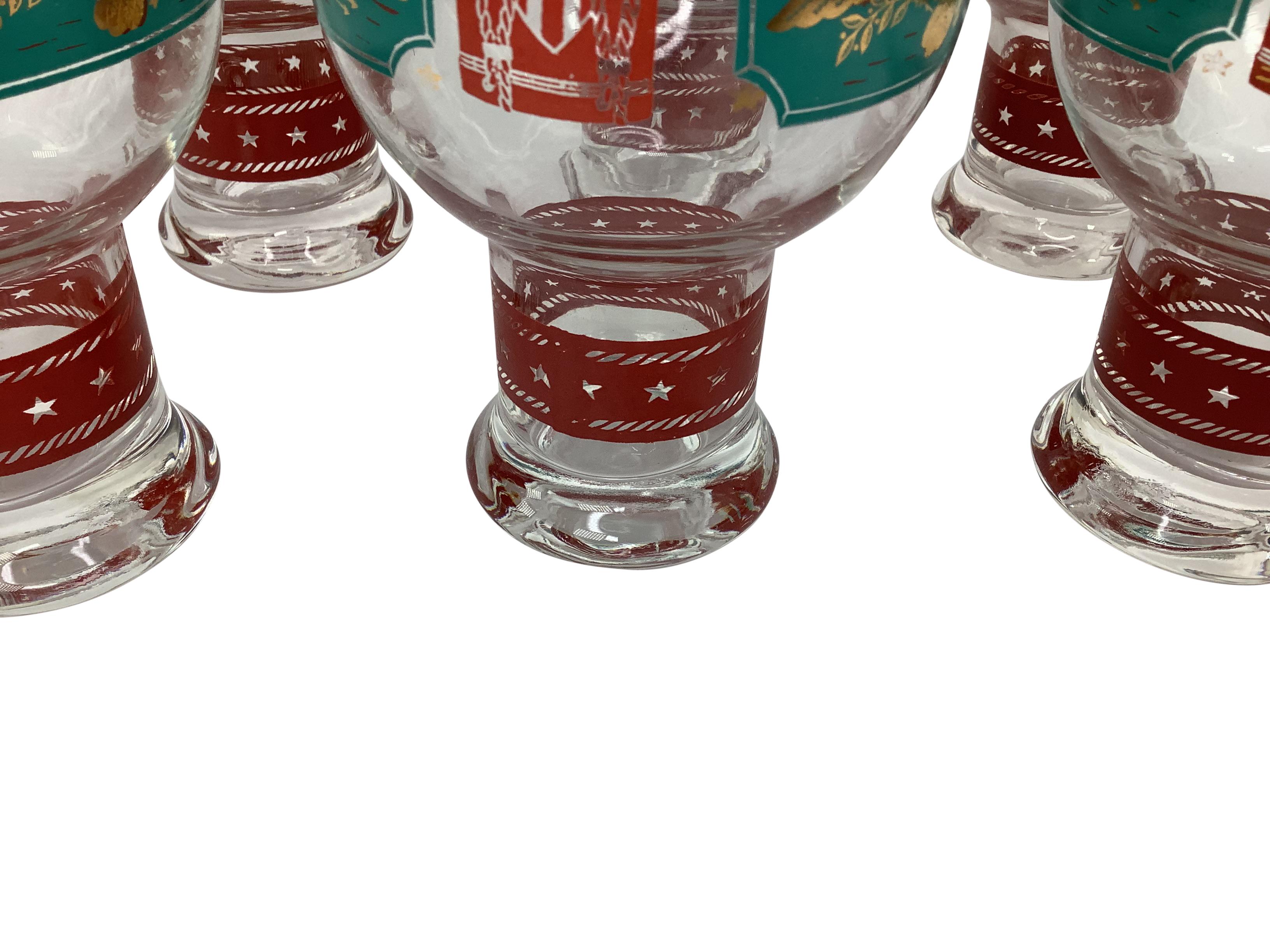Set of 6 Vintage Cera Patriotic Drum Beer Glasses in Teal & Red Enamel  In Good Condition For Sale In Chapel Hill, NC
