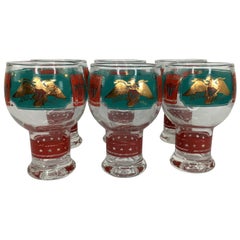 Set of 6 Vintage Cera Patriotic Drum Beer Glasses in Teal & Red Enamel