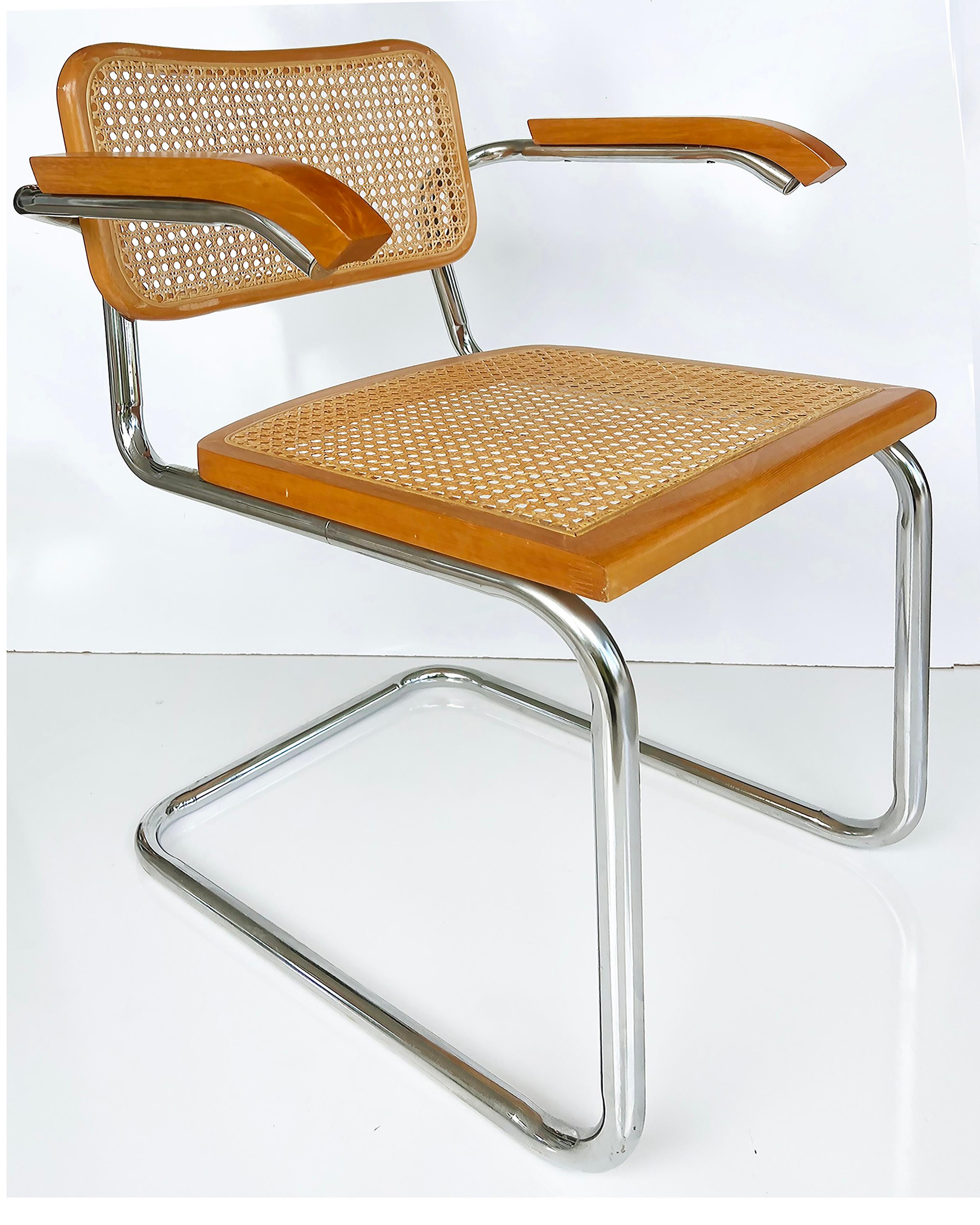 Mid-Century Modern Set of 6 Vintage Cesca Dining Chairs by Marcel Breuer, 2 Armchairs and 4 Sides 