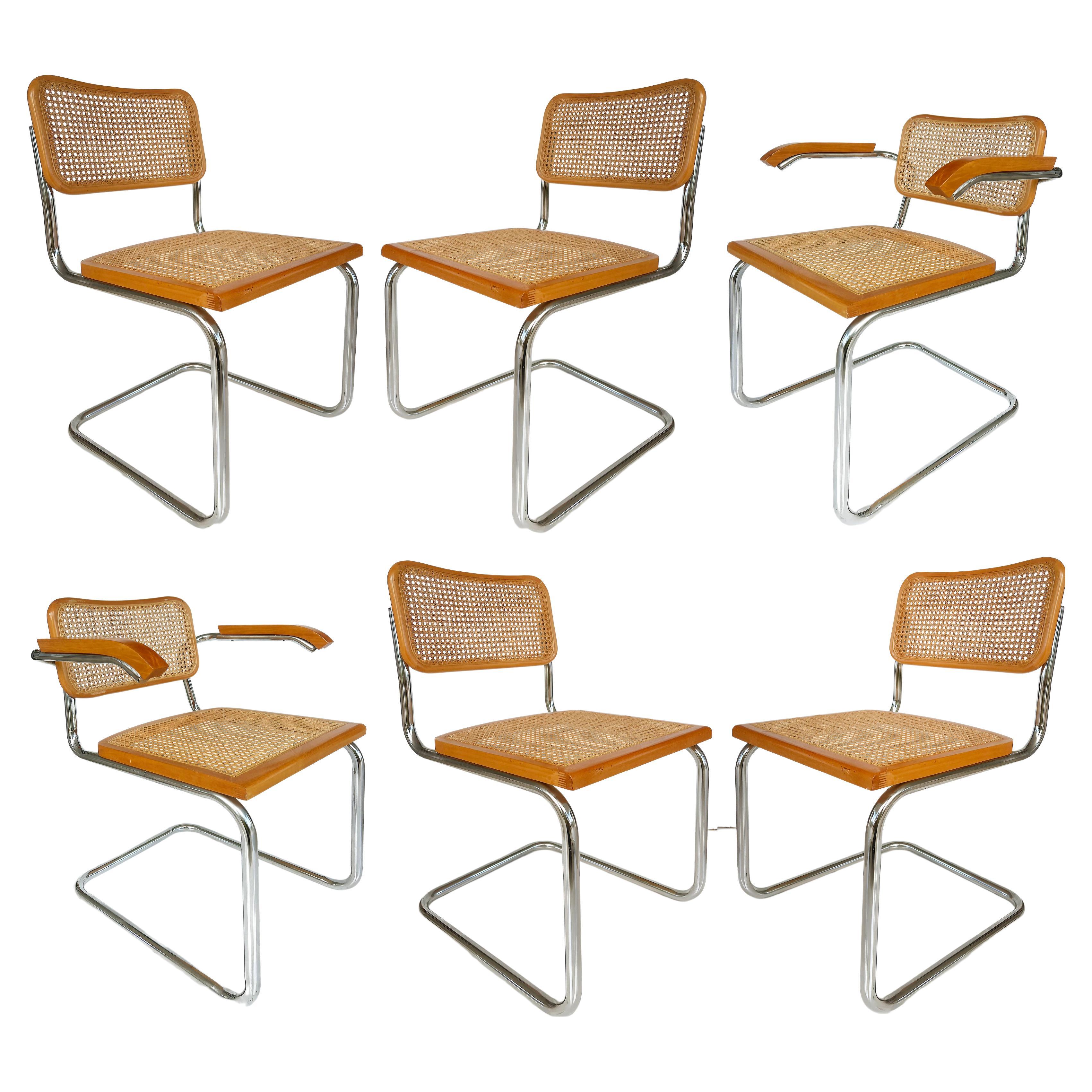 Set of 6 Vintage Cesca Dining Chairs by Marcel Breuer, 2 Armchairs and 4 Sides 