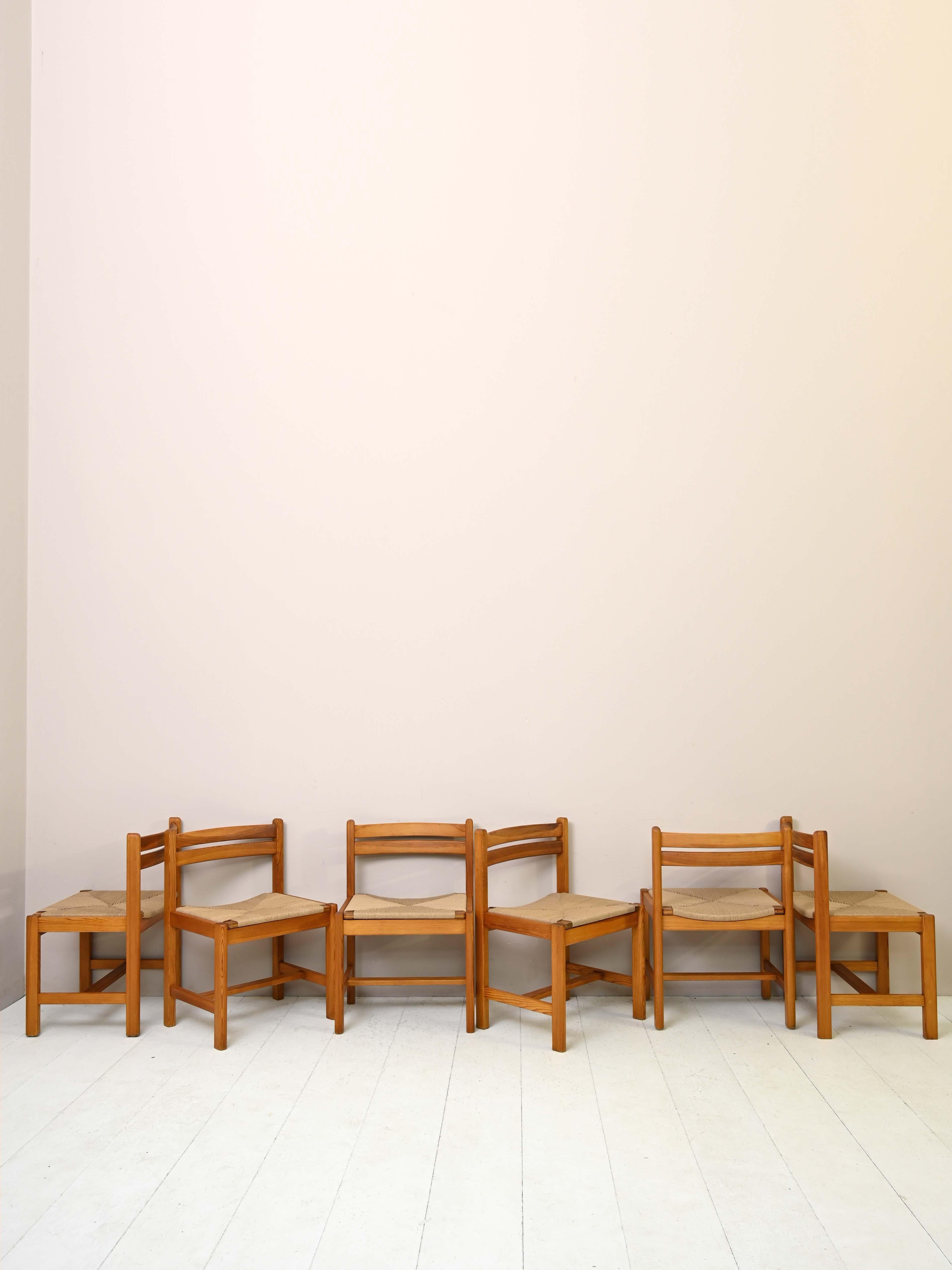 Scandinavian Swedish chairs from the 1960s.

Six dining chairs, model 'Asserbo,' designed by Børge Mogensen and manufactured by Karl Andersson & Söner.
The frame is made of pine wood while the seat is made of original woven rope.
The distinctive