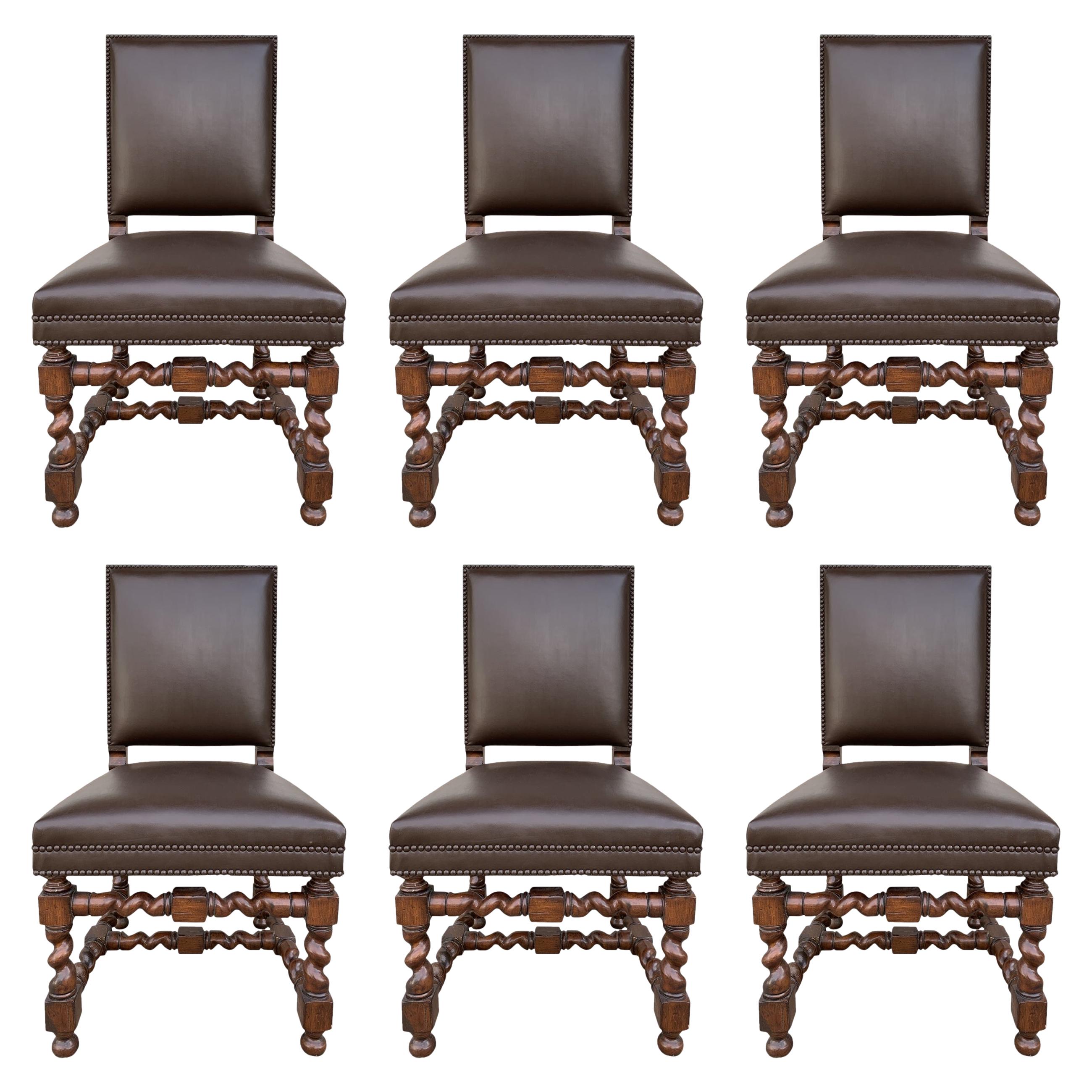 Set of 6 Vintage Chairs with Turned Legs and Leather Upholstery