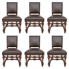 Set of 6 Vintage Chairs with Turned Legs and Leather Upholstery