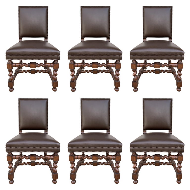 Set of 6 Vintage Chairs with Turned Legs and Leather Upholstery For Sale