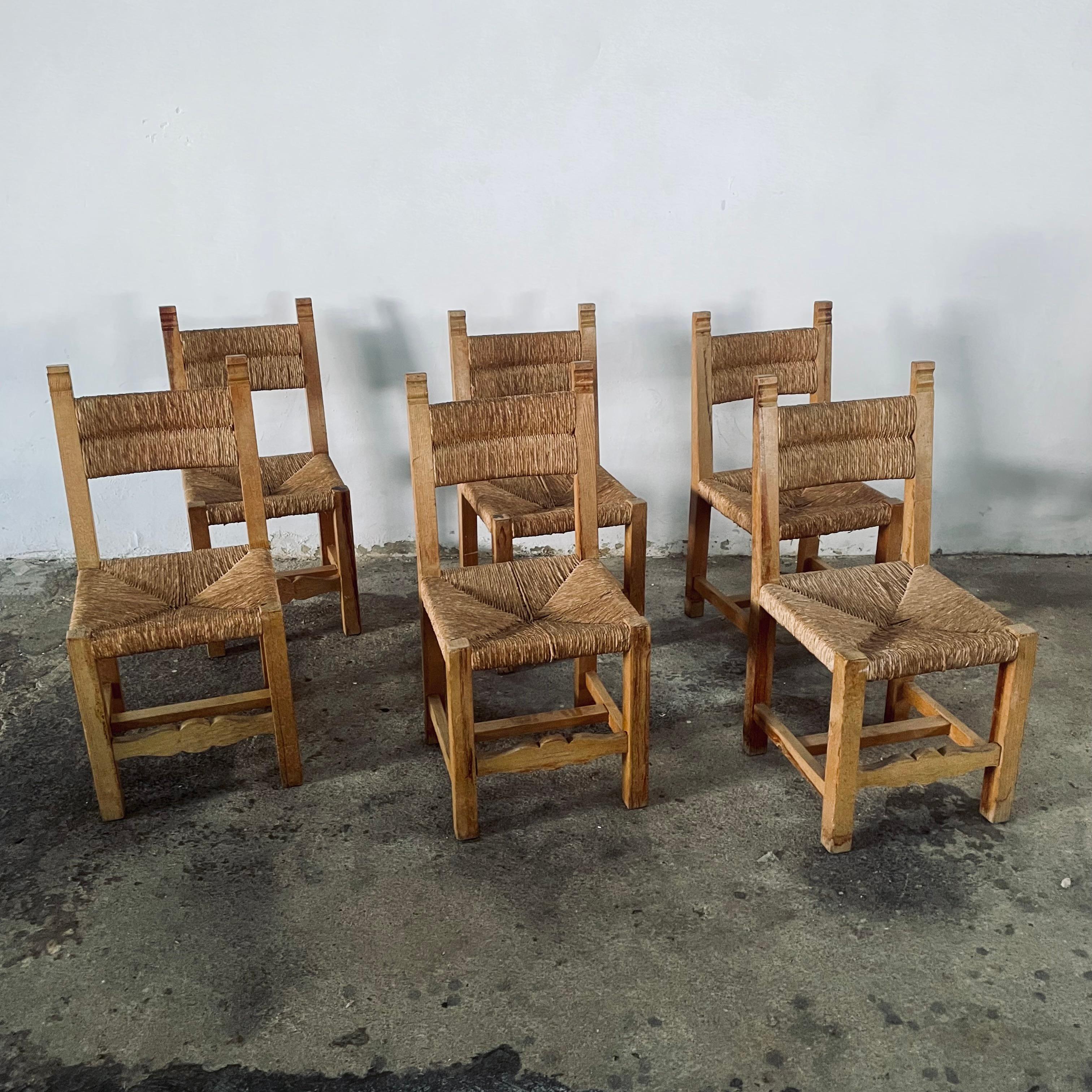 Set of 6 Vintage French Charles Dudouyt style country wicker or rush Seat Chairs, original condition, This vintage set remains fully functional, and it shows signs of age through scuffs, dings, faded finishes, some Rush seats and backs defects,