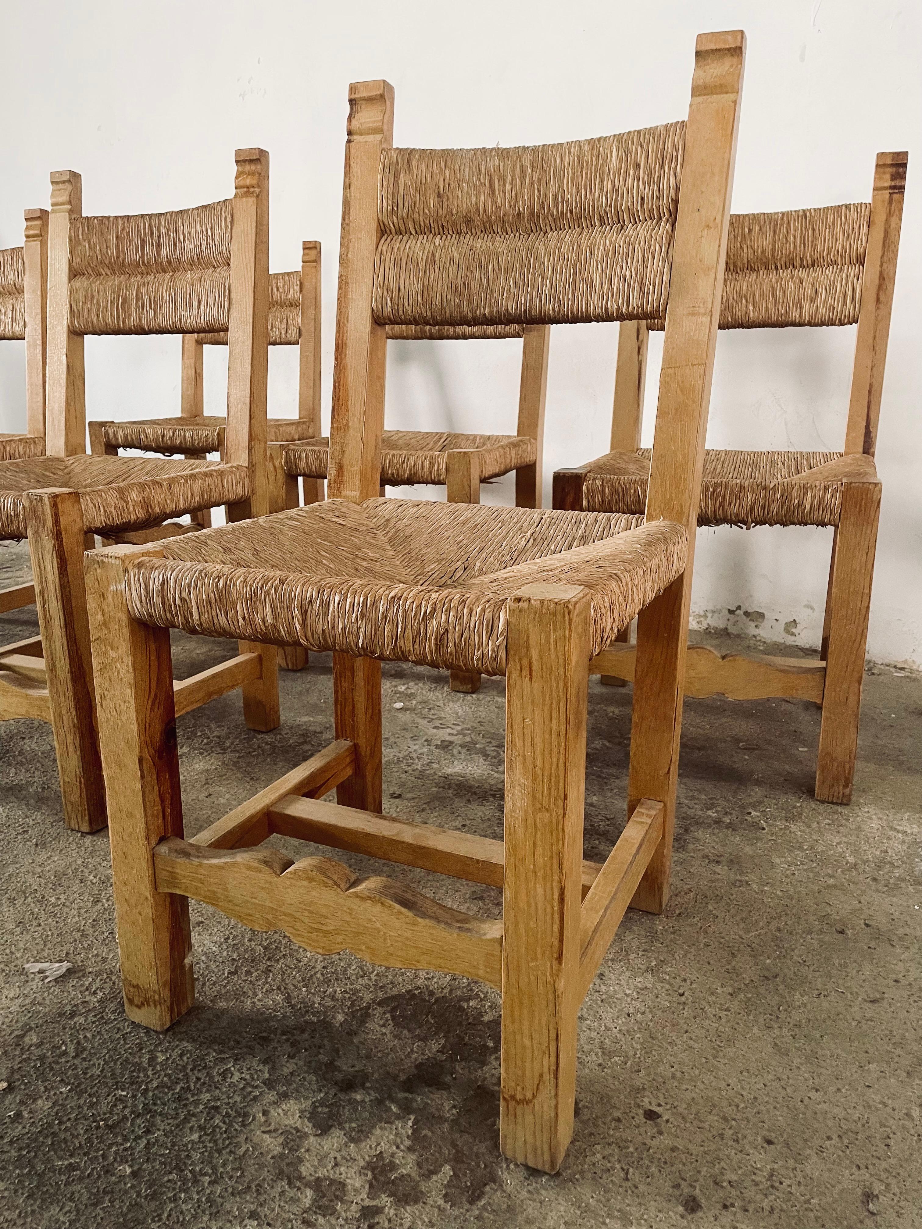 20th Century Set of 6 Vintage Charles Dudouyt Style French Country Rush Seat Dining Chairs