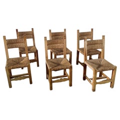 Set of 6 Vintage Charles Dudouyt Style French Country Rush Seat Dining Chairs