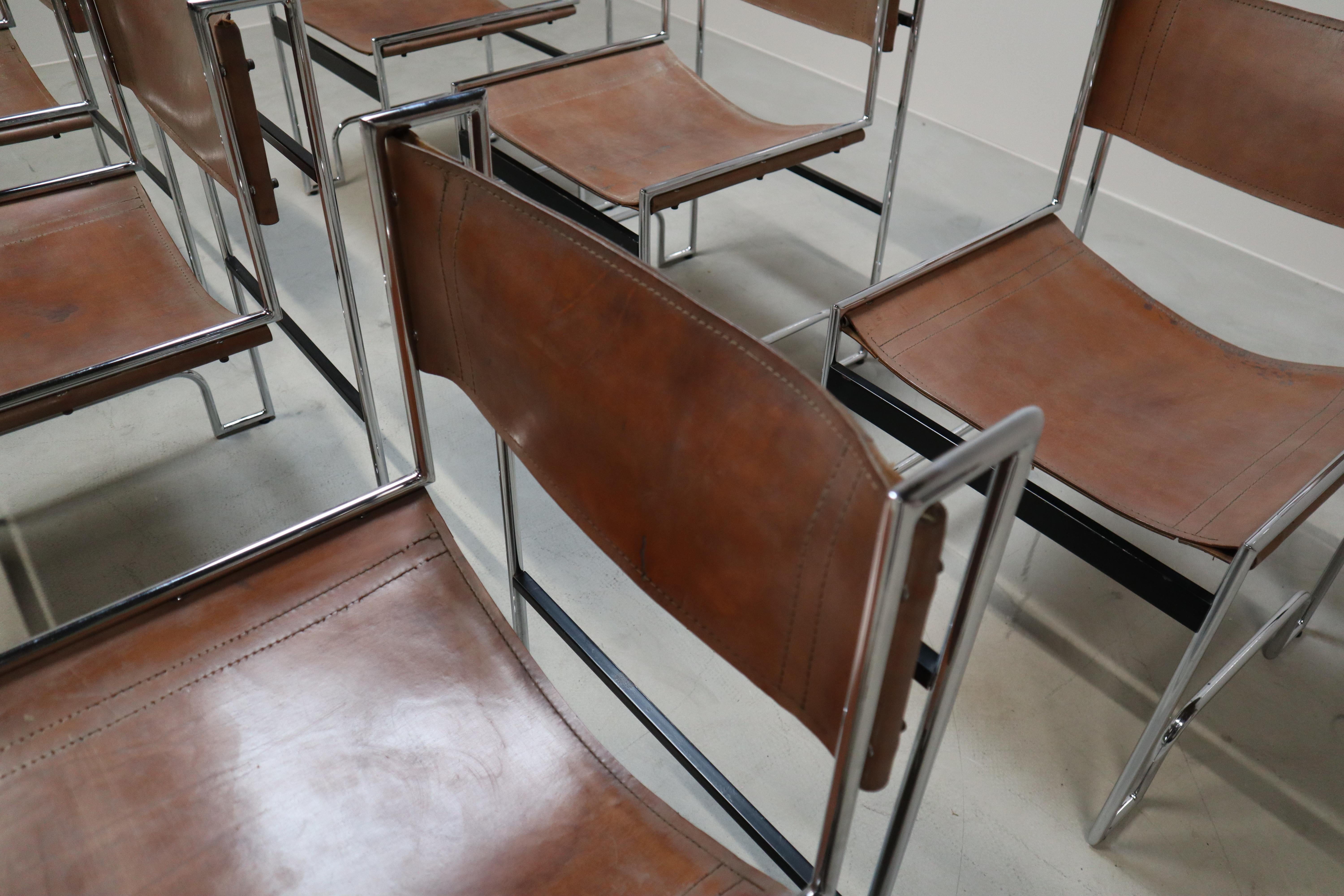 Set of 6 vintage chrome and leather dining chairs in Bauhaus style, 1970s For Sale 9