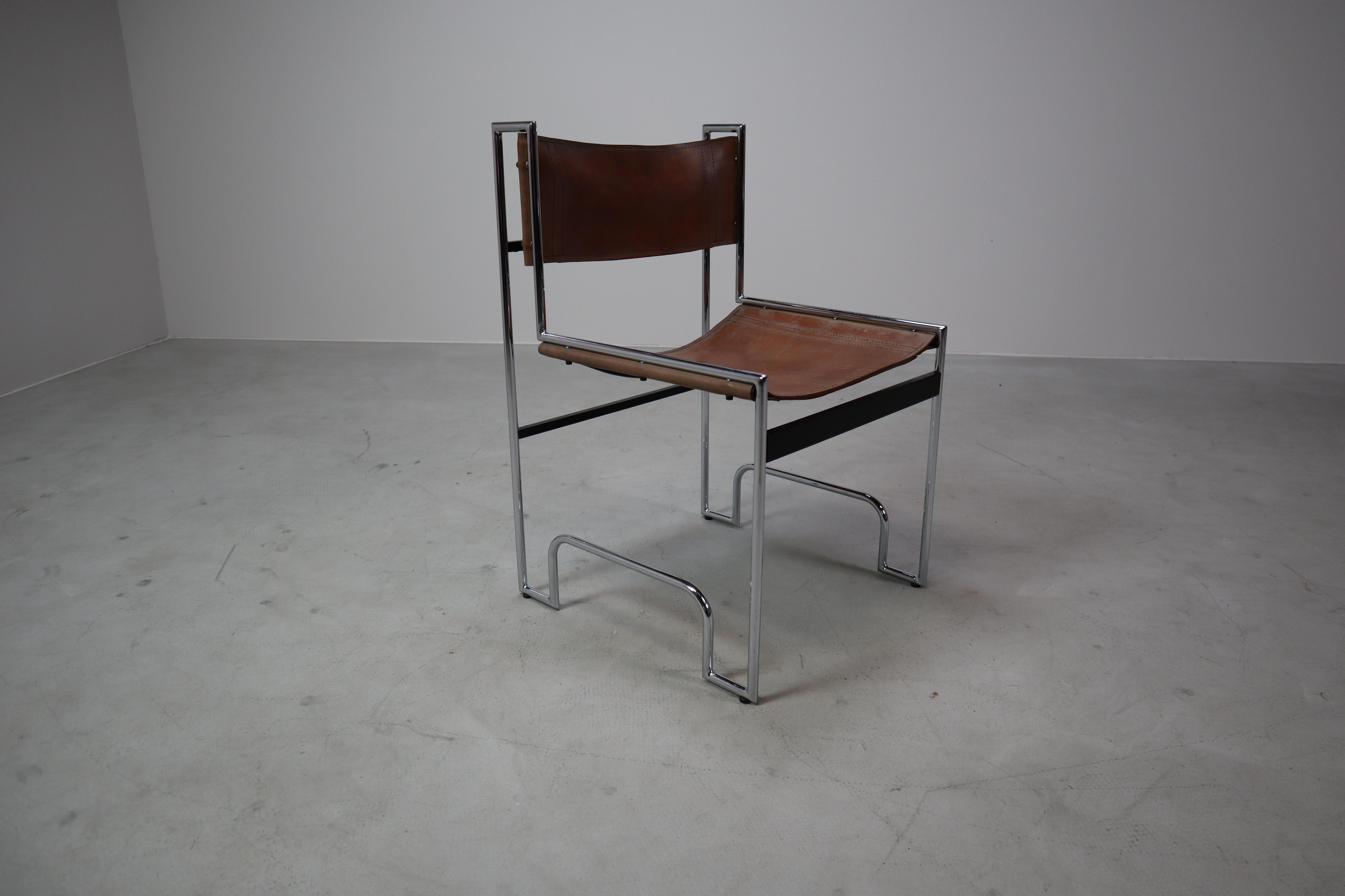 European Set of 6 vintage chrome and leather dining chairs in Bauhaus style, 1970s For Sale