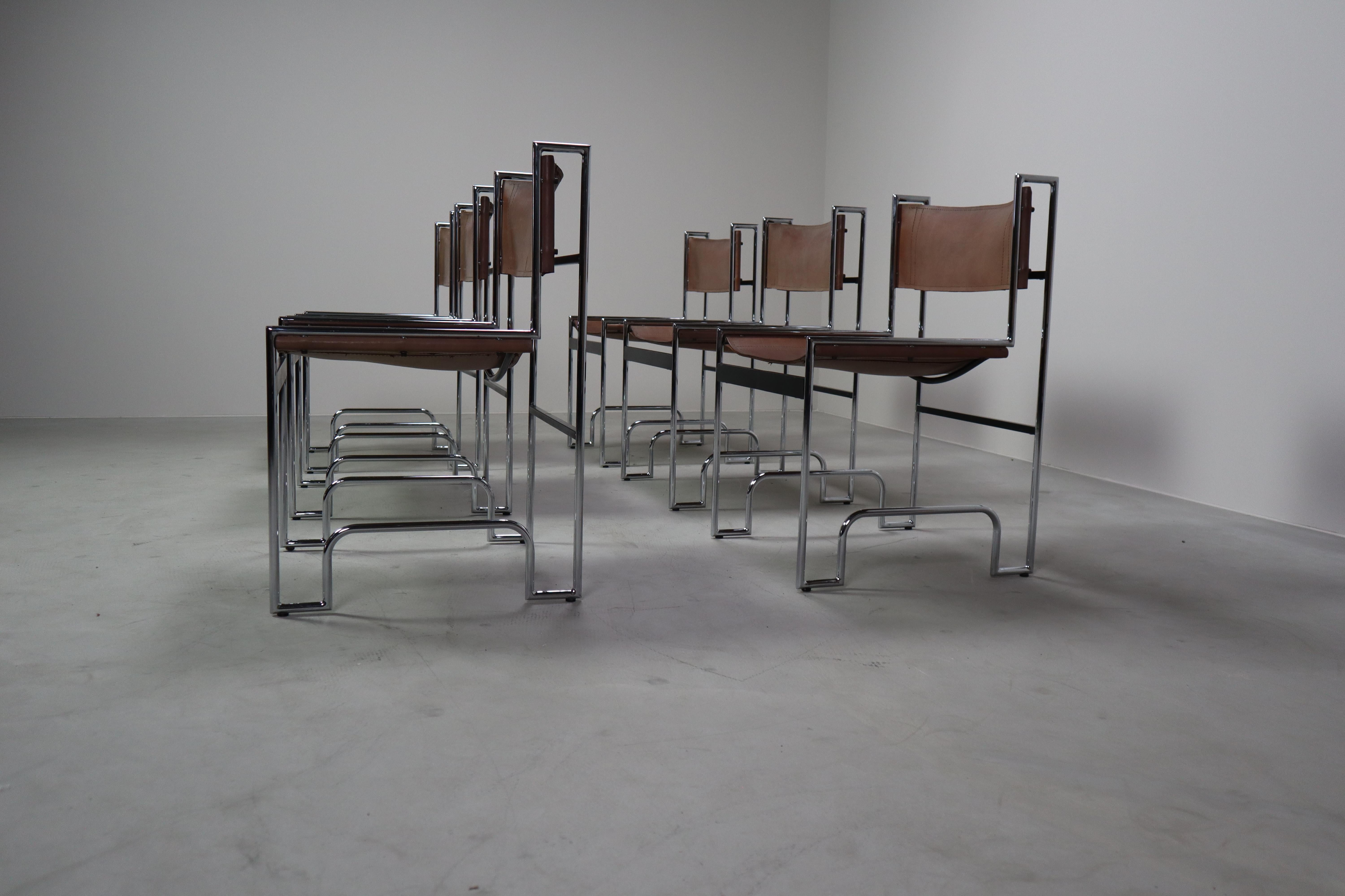 Set of 6 vintage chrome and leather dining chairs in Bauhaus style, 1970s In Good Condition For Sale In Langemark-Poelkapelle, BE