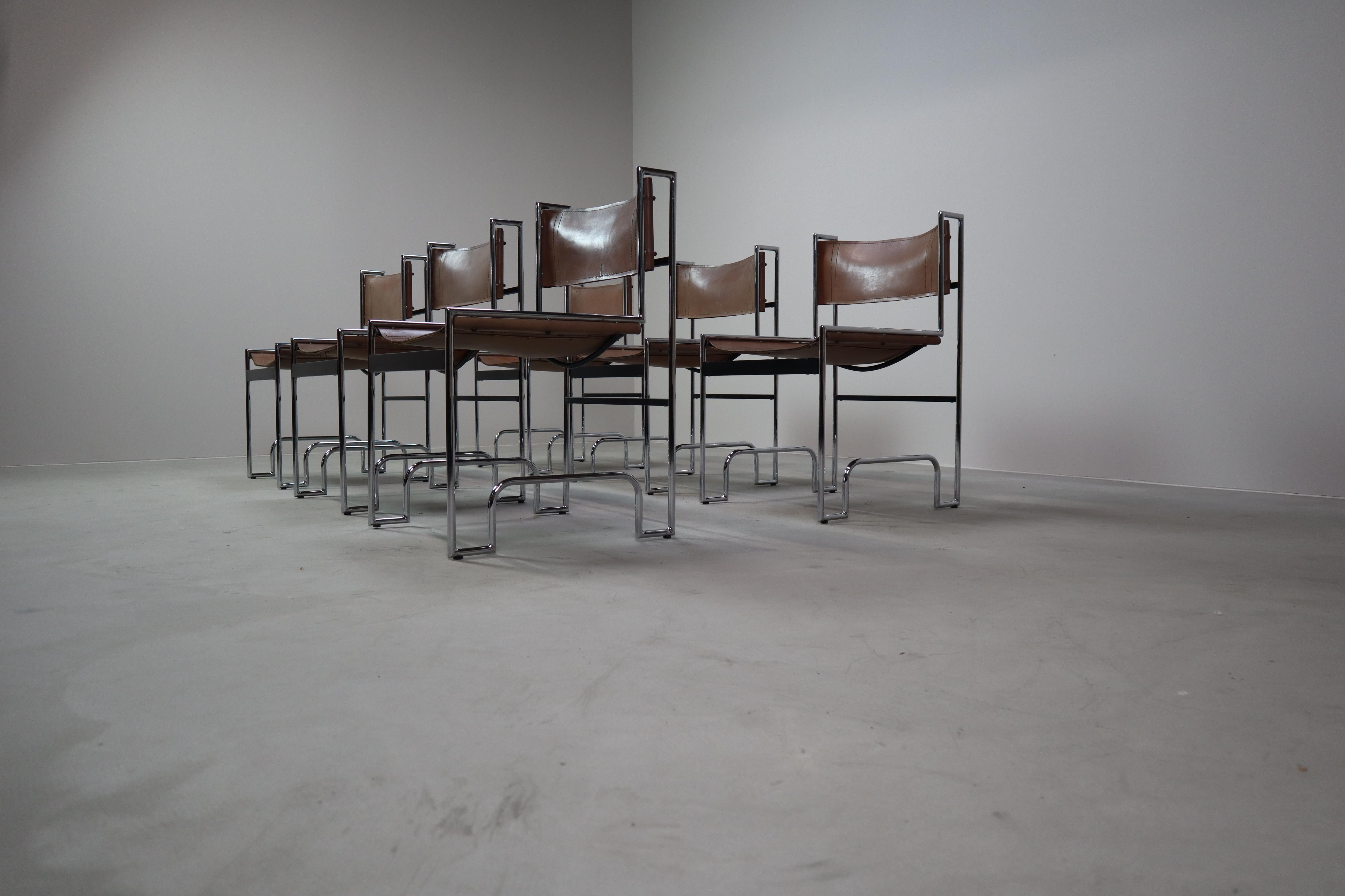 Leather Set of 6 vintage chrome and leather dining chairs in Bauhaus style, 1970s For Sale