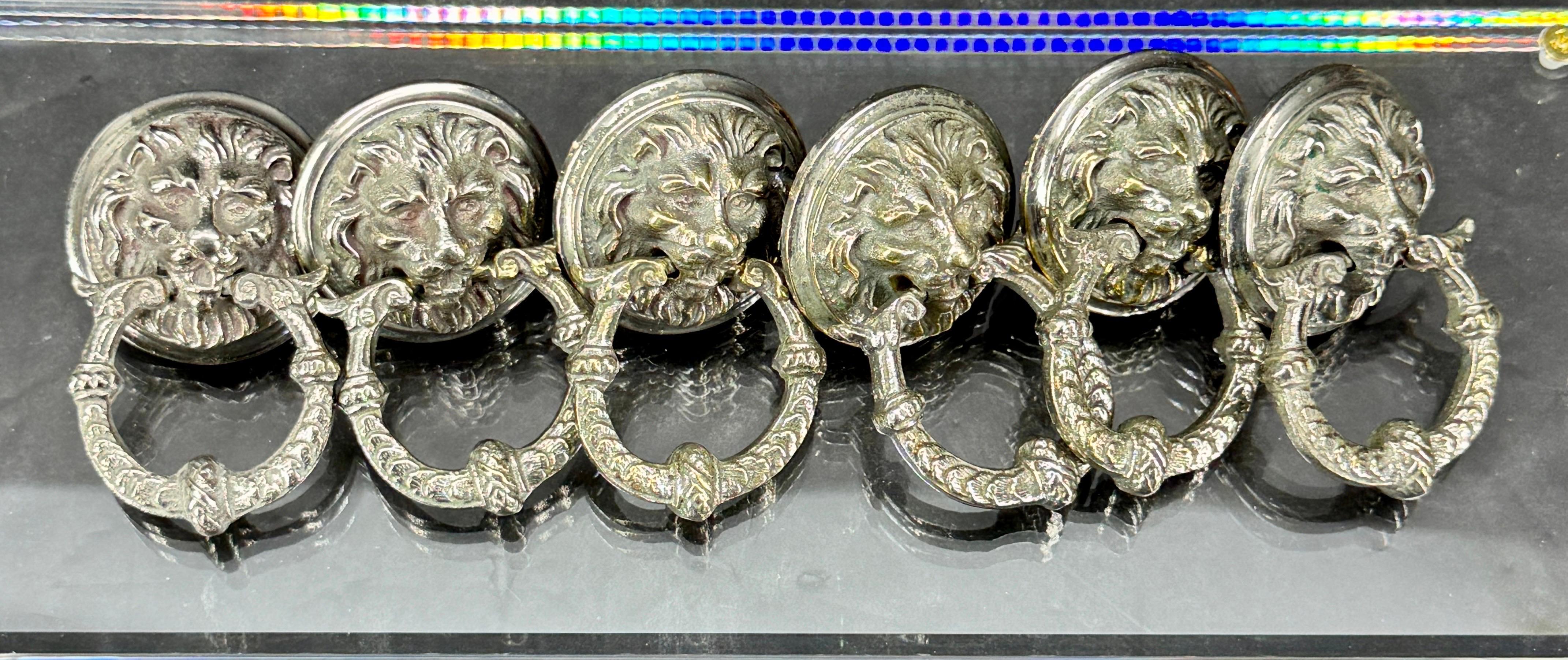 Baroque Set of 6 Vintage Chromed Bronze Lion-Head Drawer Pulls For Sale