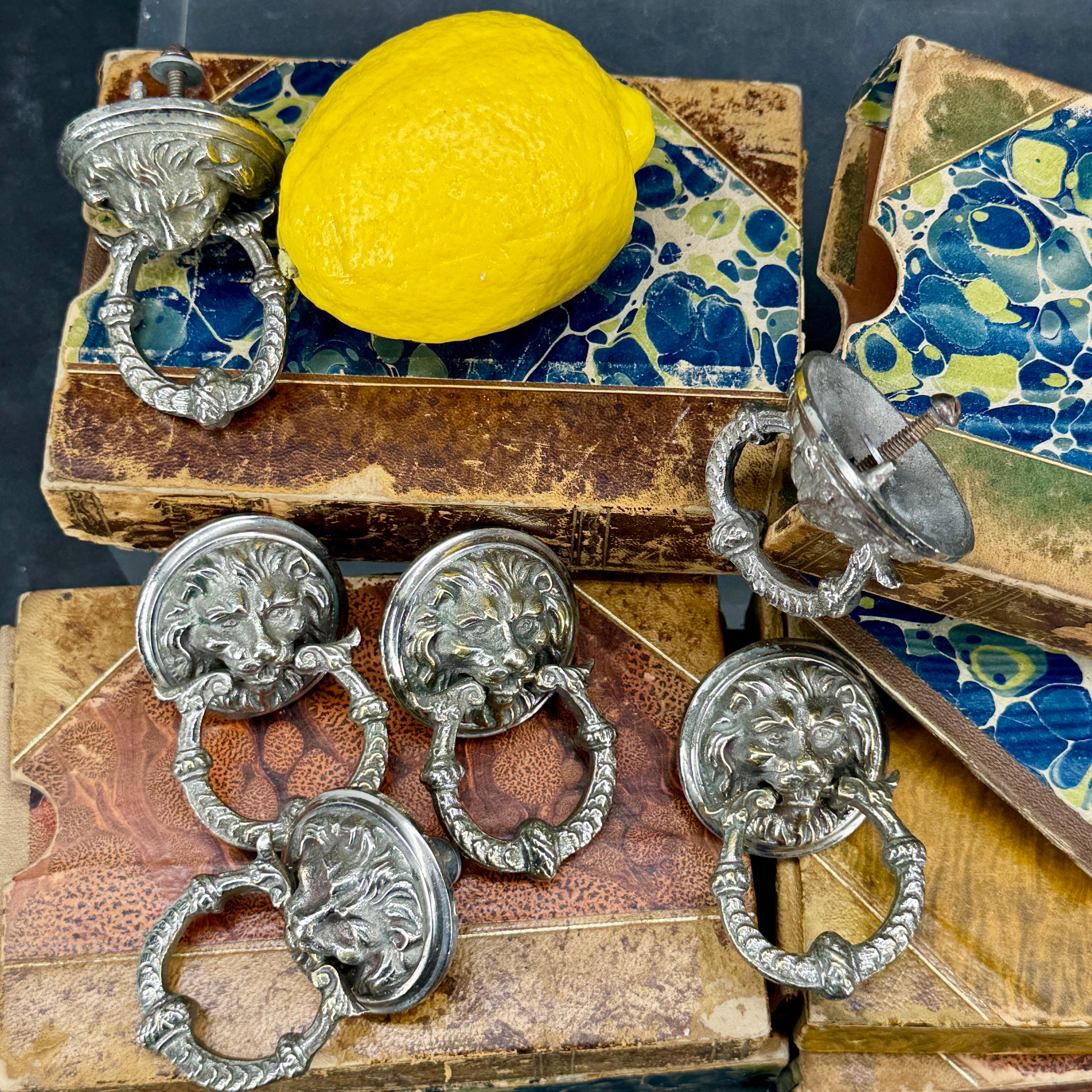 French Set of 6 Vintage Chromed Bronze Lion-Head Drawer Pulls For Sale