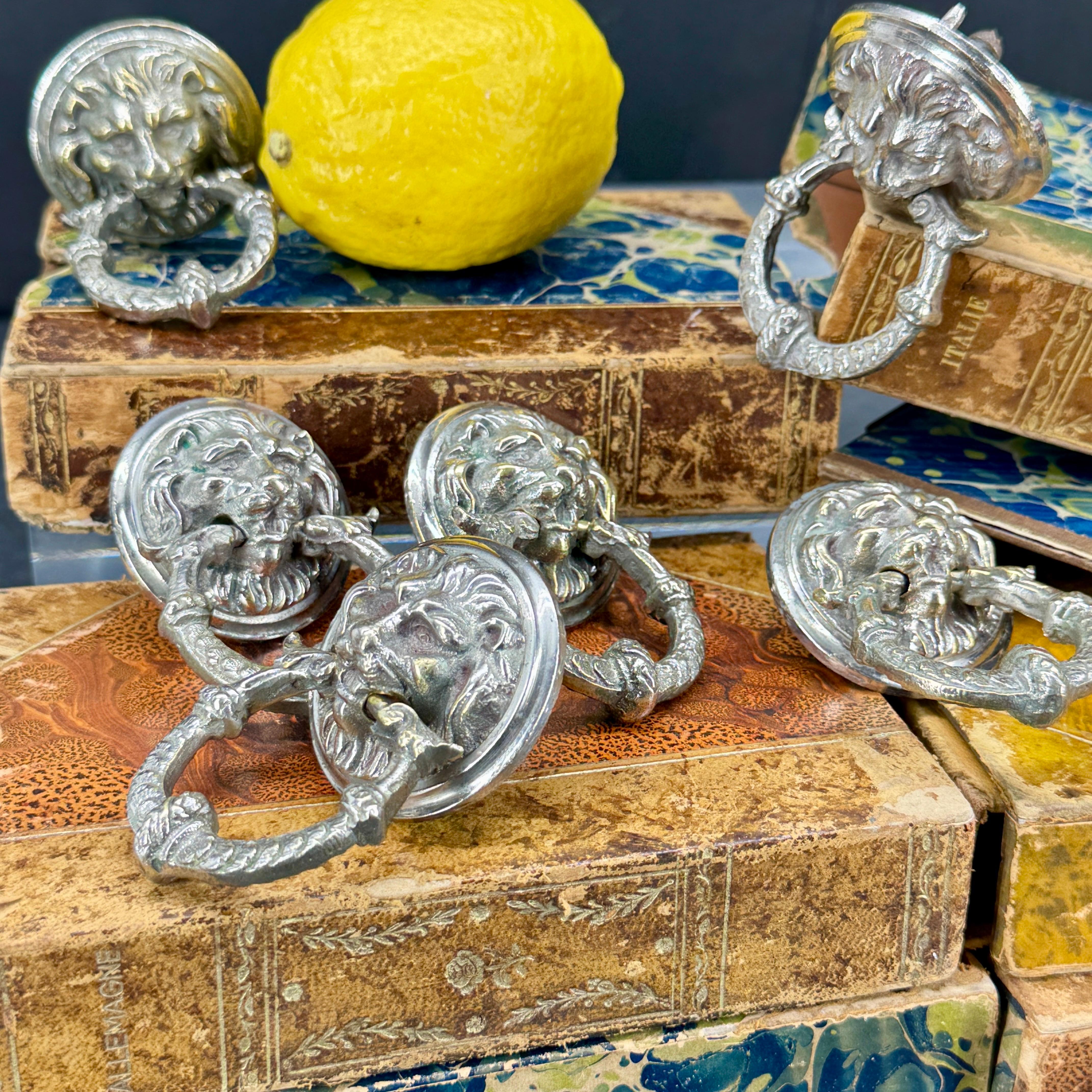 Cast Set of 6 Vintage Chromed Bronze Lion-Head Drawer Pulls For Sale