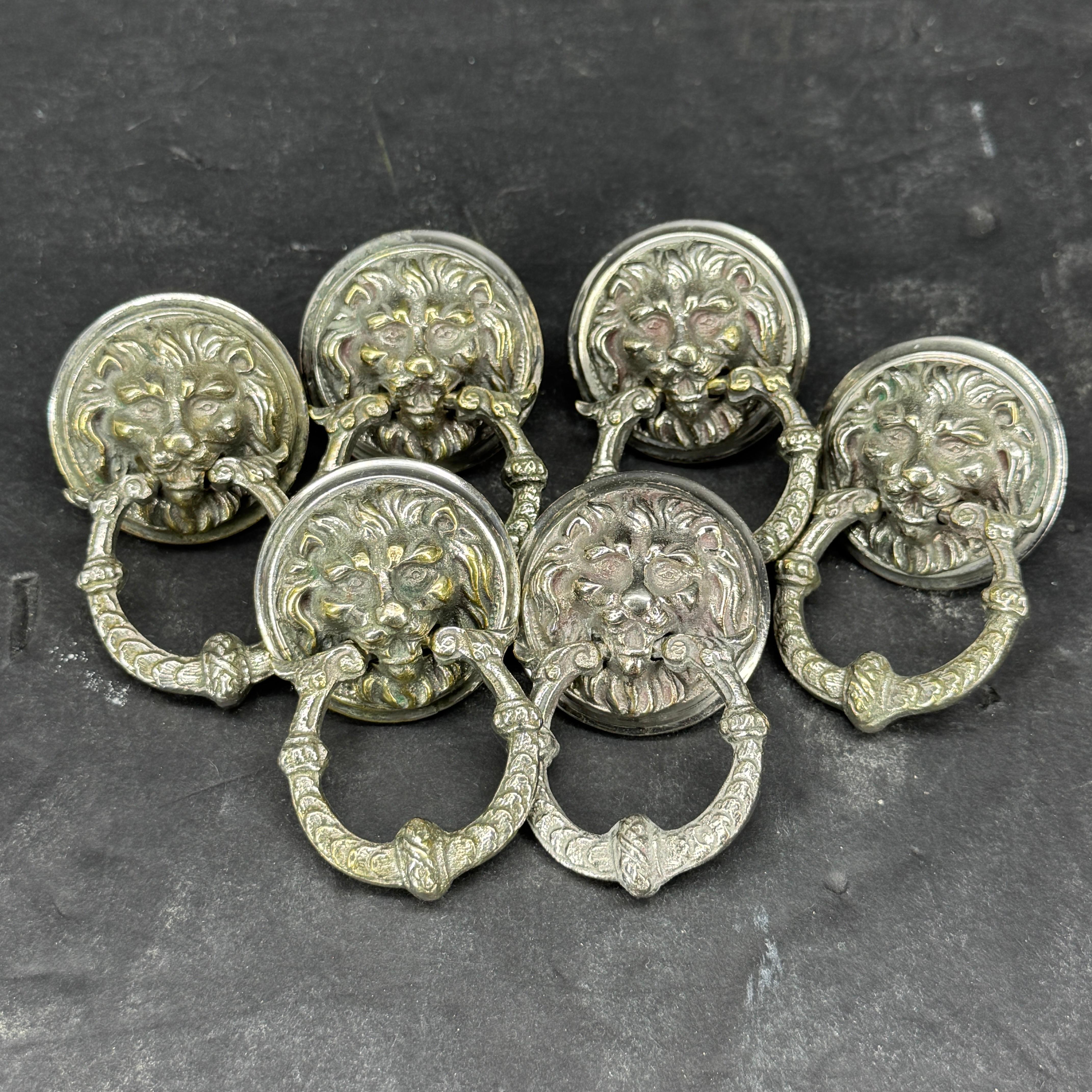 Set of 6 Vintage Chromed Bronze Lion-Head Drawer Pulls In Good Condition For Sale In Haddonfield, NJ