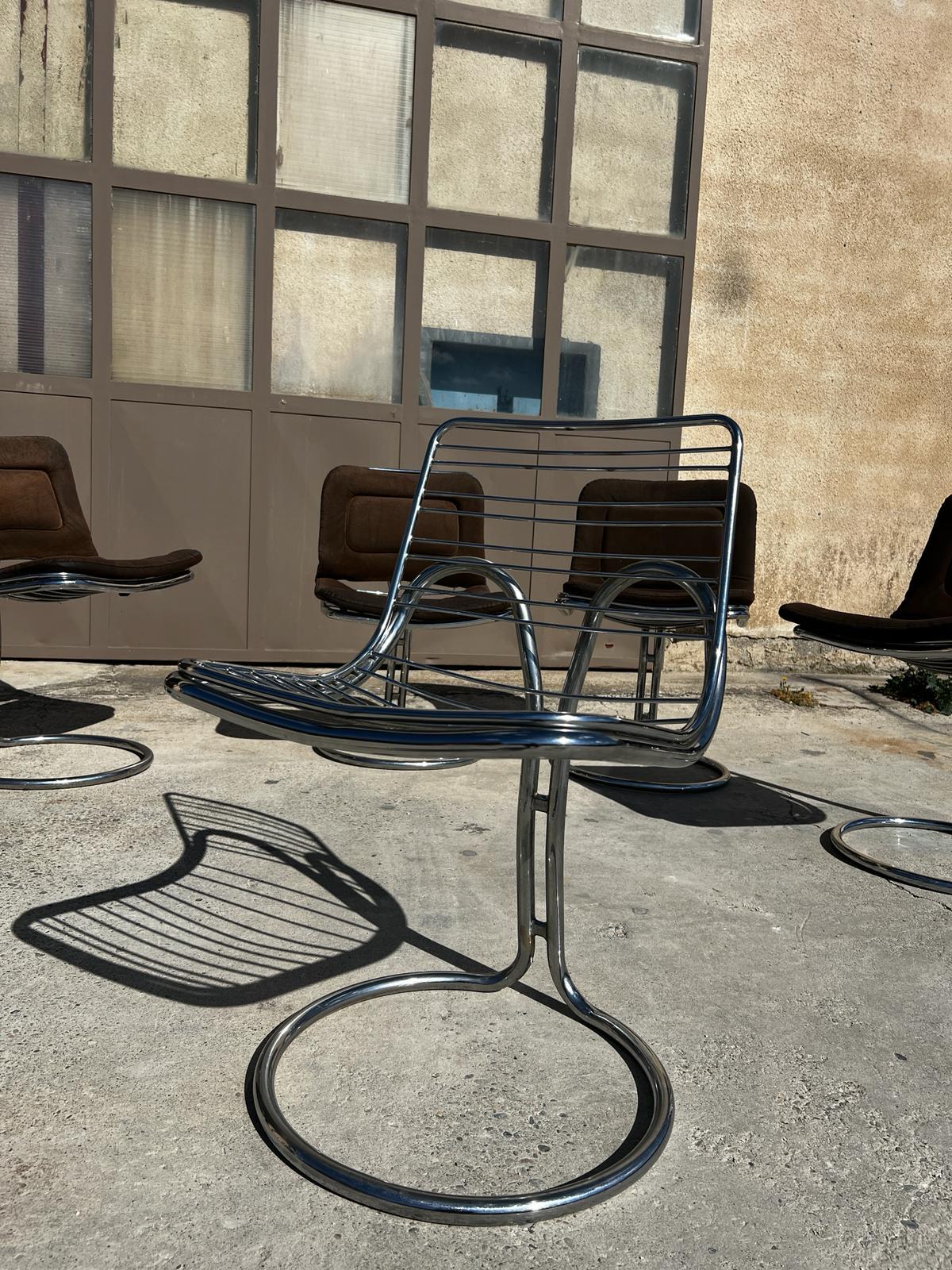 Set of 6 vintage chromed steel chairs attributed to Gastone Rinaldi , Italy, 197 5