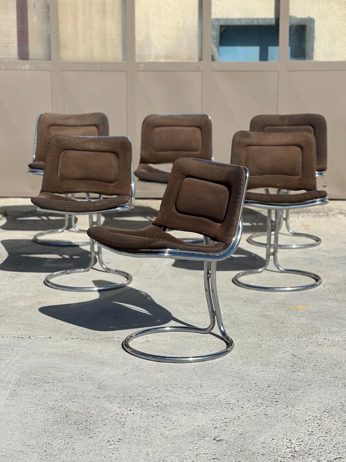 Set of 6 vintage chromed steel chairs attributed to Gastone Rinaldi , Italy, 1970 Chromed steel structure, original brown suede seat. Frame in very good condition. Original fabric.