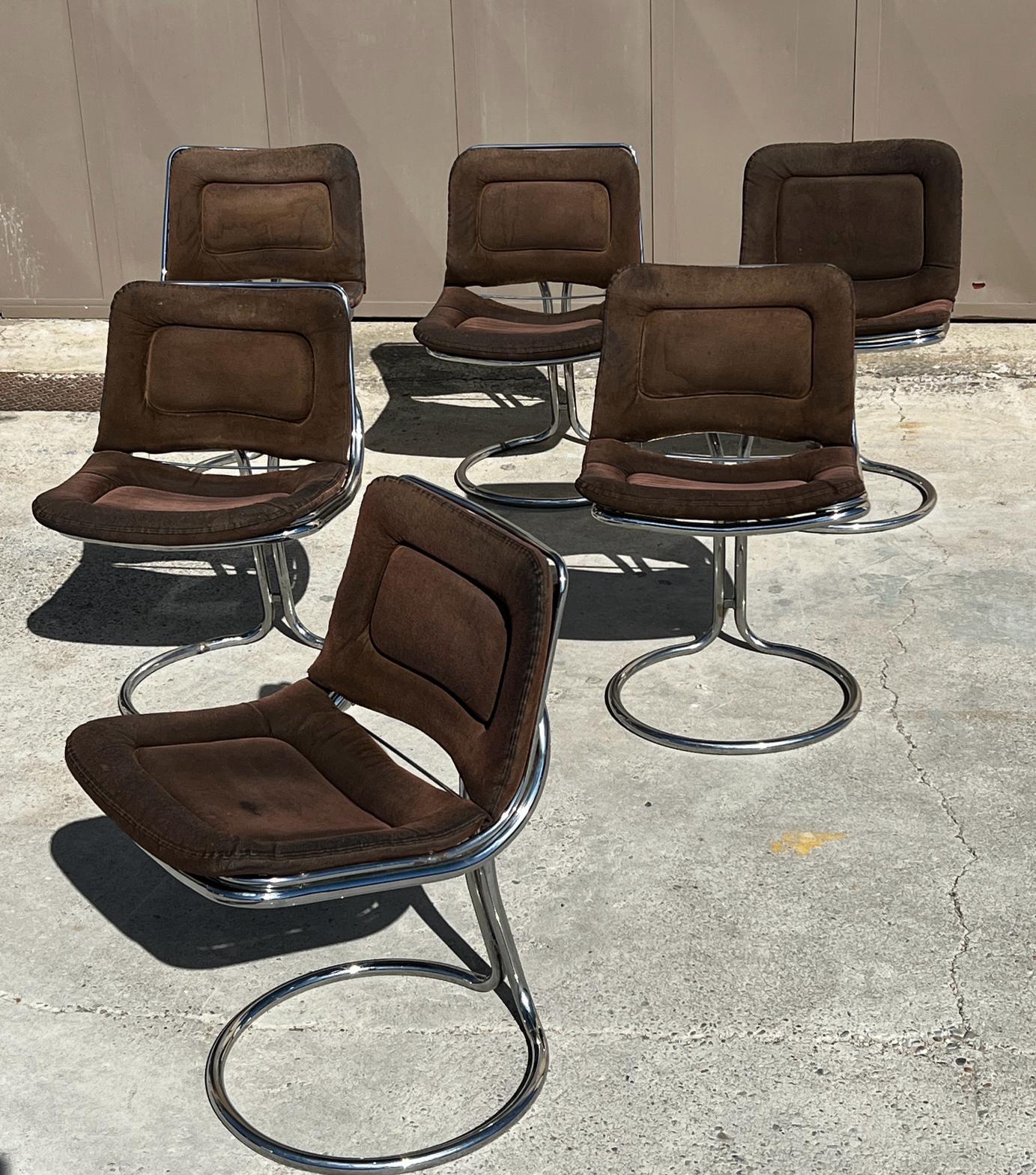 Space Age Set of 6 vintage chromed steel chairs attributed to Gastone Rinaldi , Italy, 197