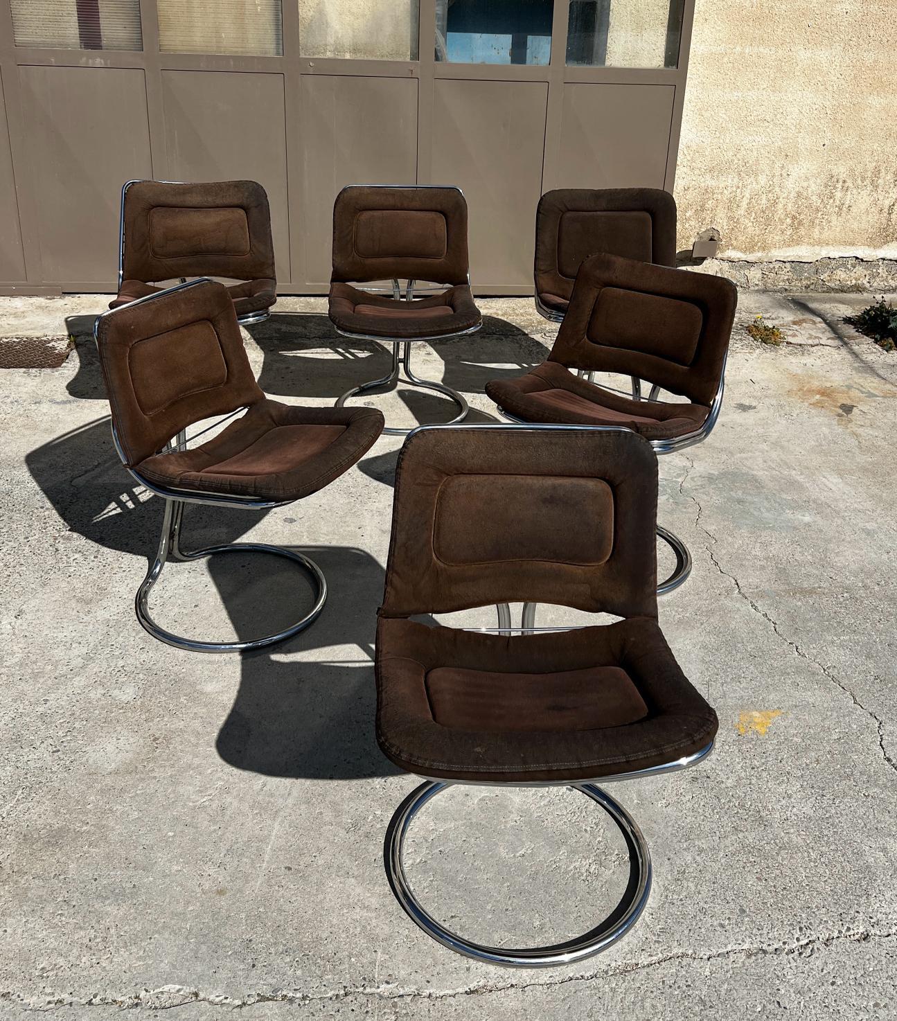 Set of 6 vintage chromed steel chairs attributed to Gastone Rinaldi , Italy, 197 In Good Condition In Saint Rémy de Provence, FR