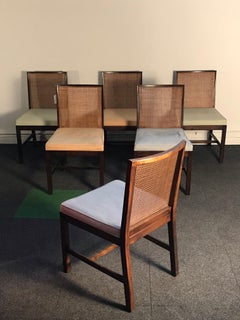 Set of 6 Vintage Country Club Modern Parson Chairs in Walnut and Cane USA