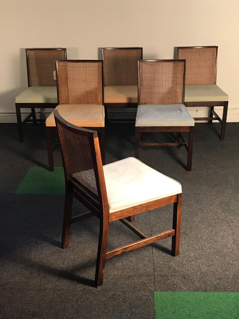 Set of 6 Vintage Country Club Modern Parson Chairs in Walnut and Cane