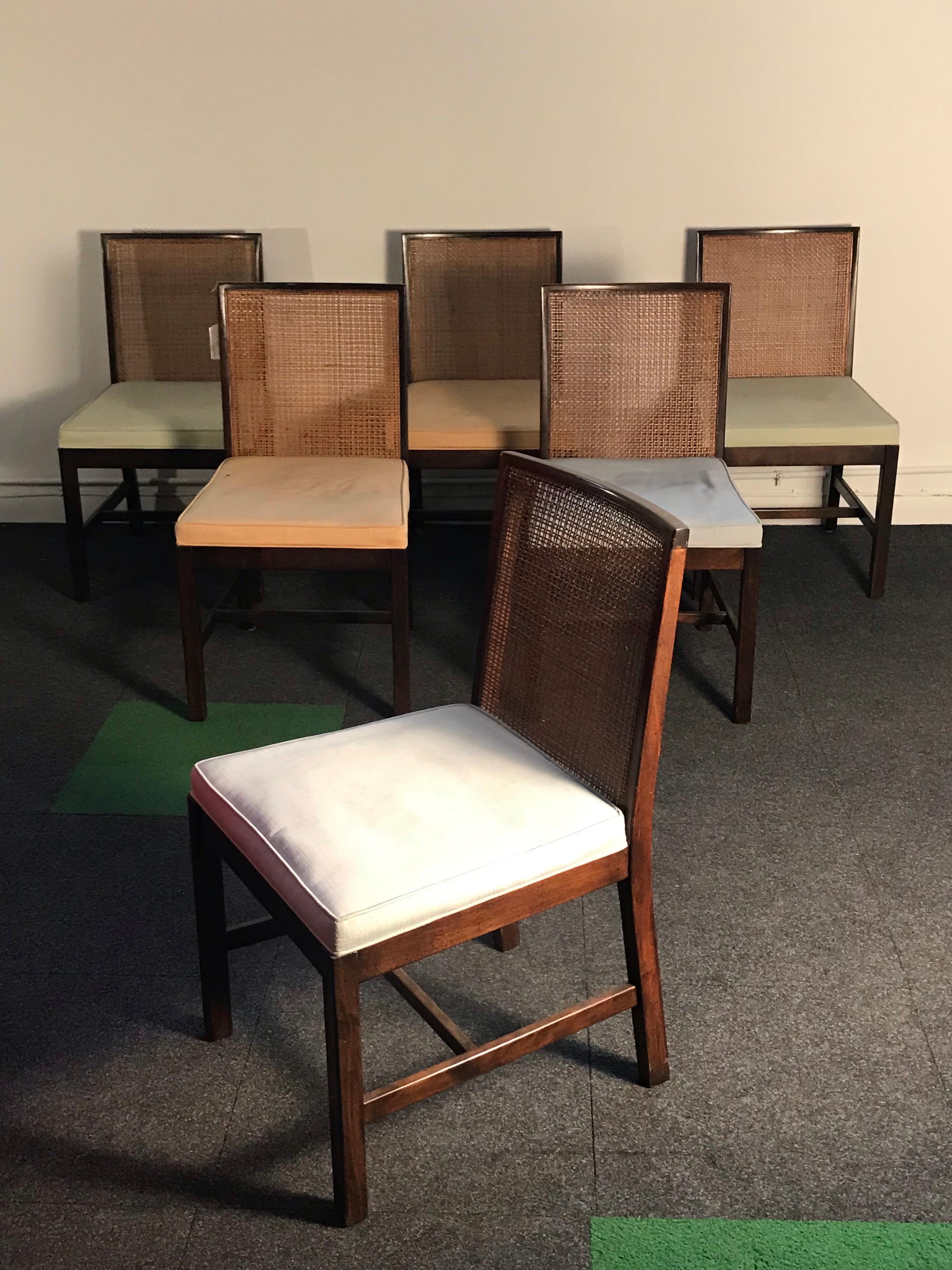 American Set of 6 Vintage Country Club Modern Parson Chairs in Walnut and Cane USA