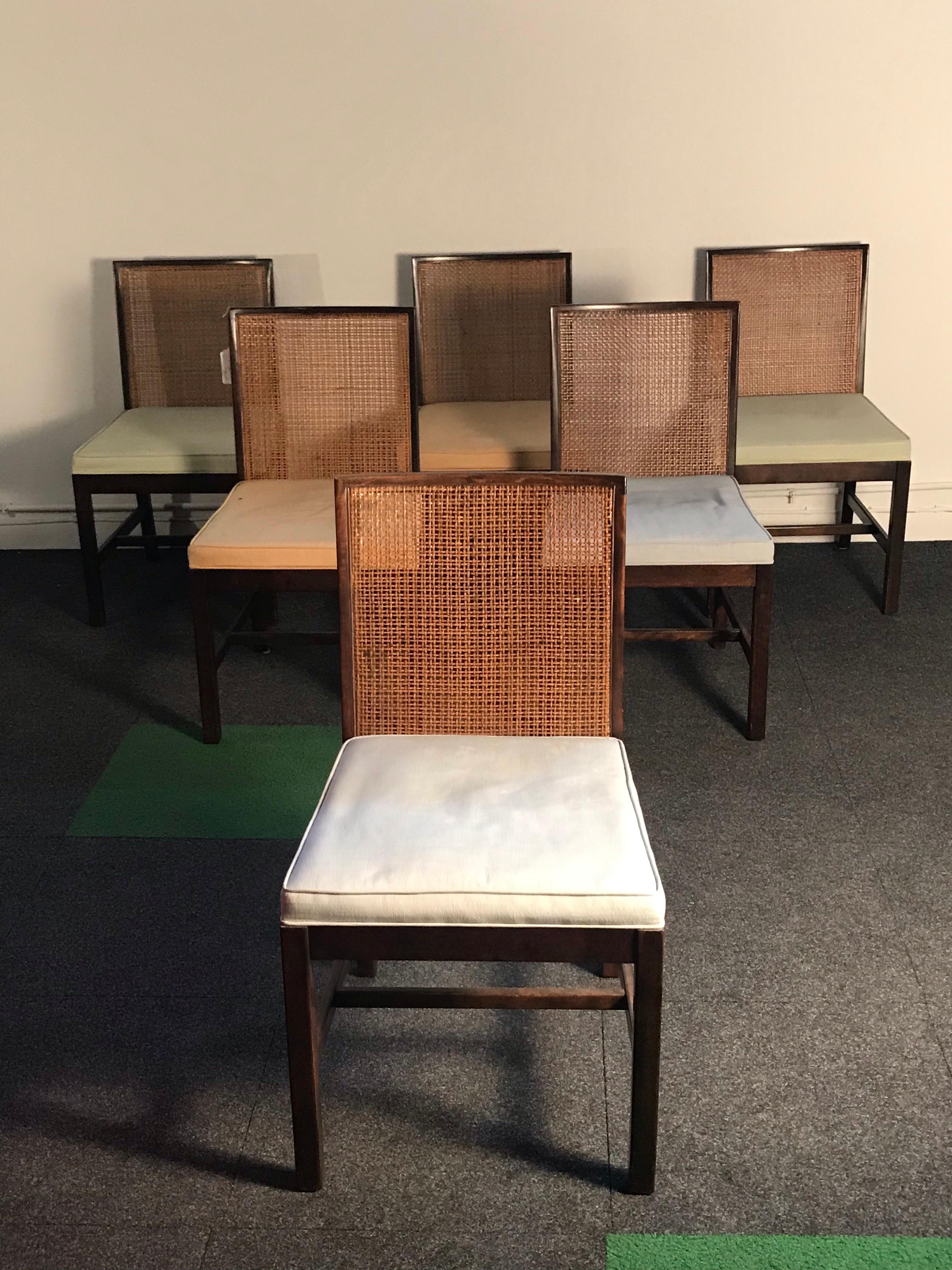 Set of 6 Vintage Country Club Modern Parson Chairs in Walnut and Cane USA In Good Condition In Denver, CO