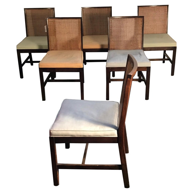 Set of 6 Vintage Country Club Modern Parson Chairs in Walnut and Cane