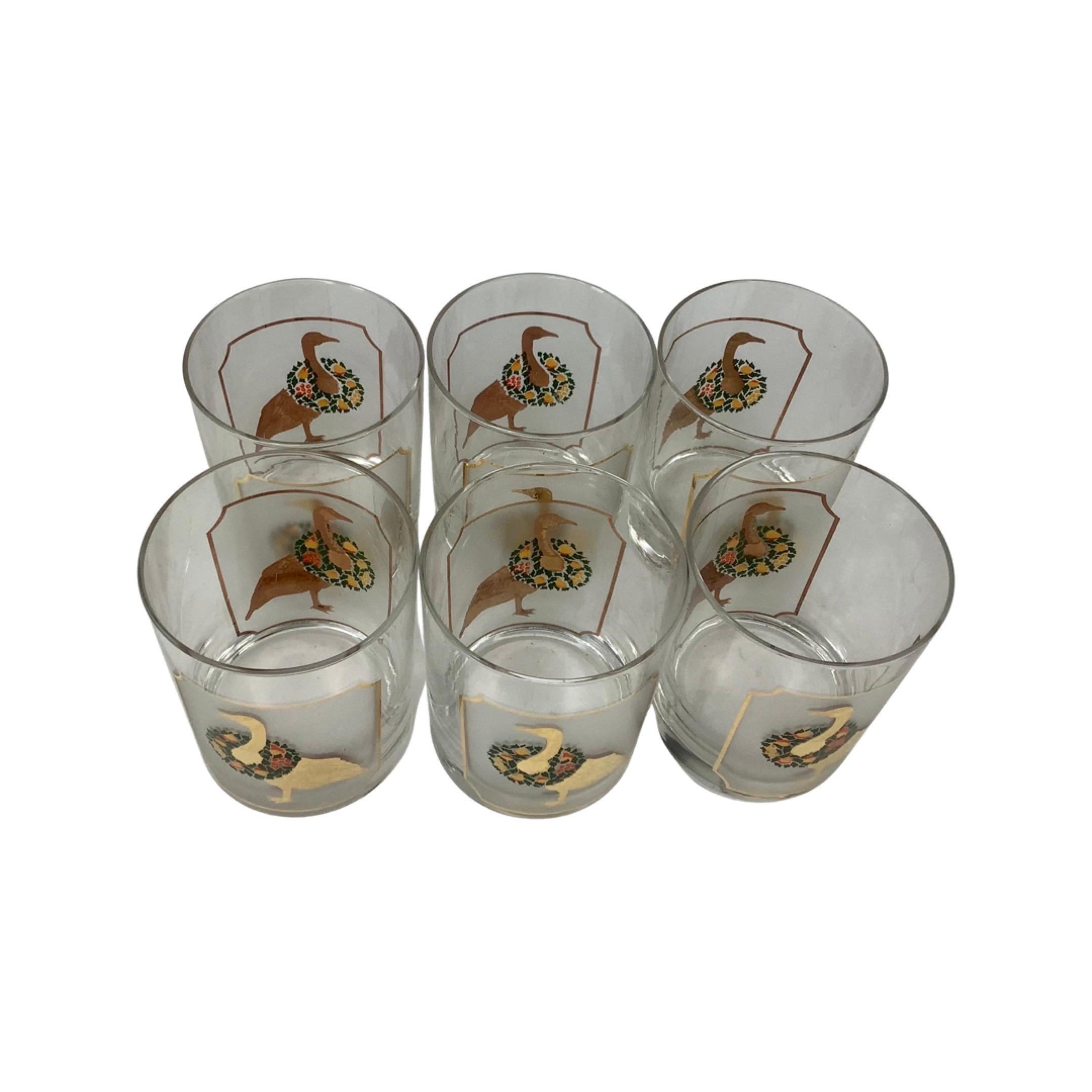 Gold Set of 6 Vintage Culver Festive Geese Old Fashioned Glasses For Sale
