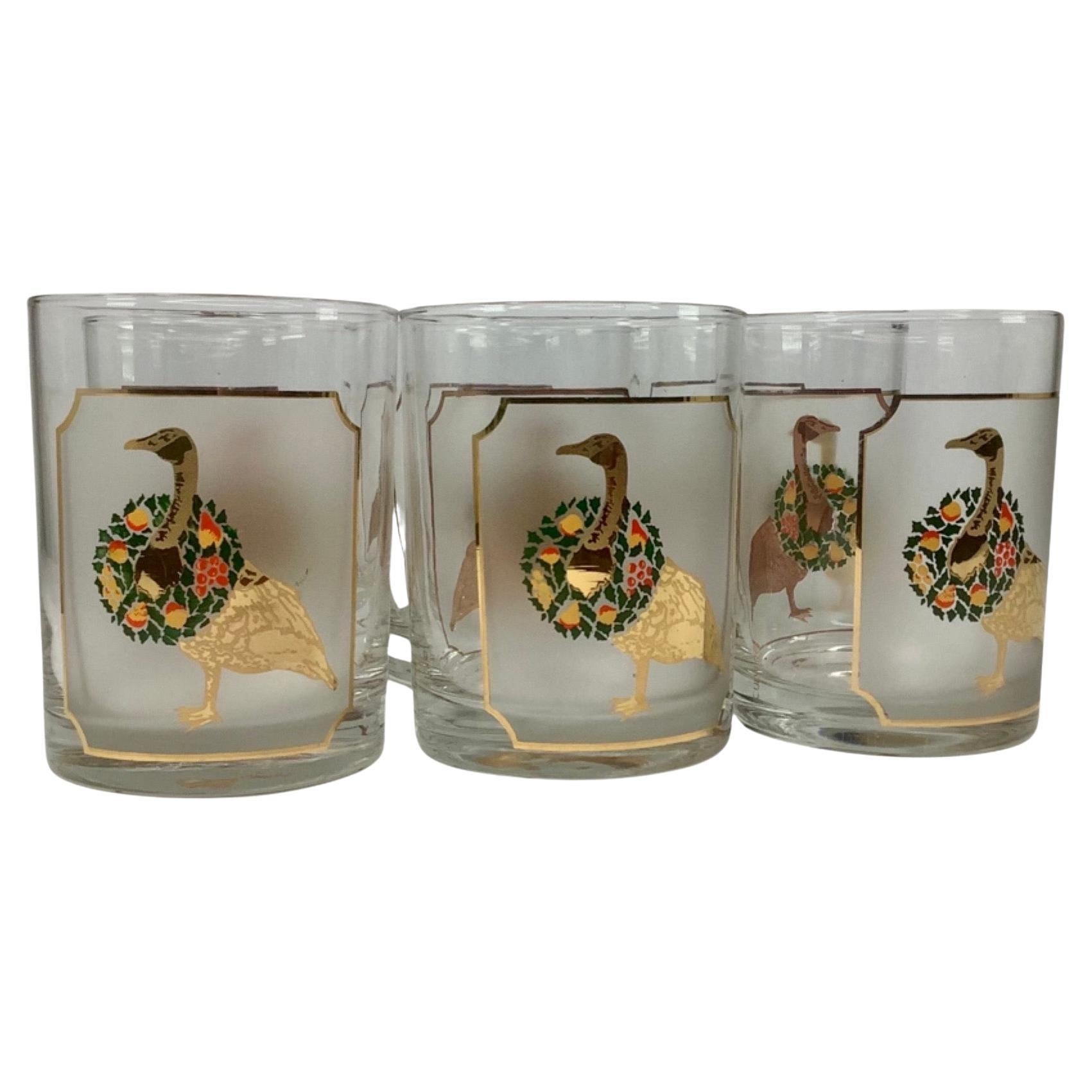 Set of 6 Vintage Culver Festive Geese Old Fashioned Glasses For Sale