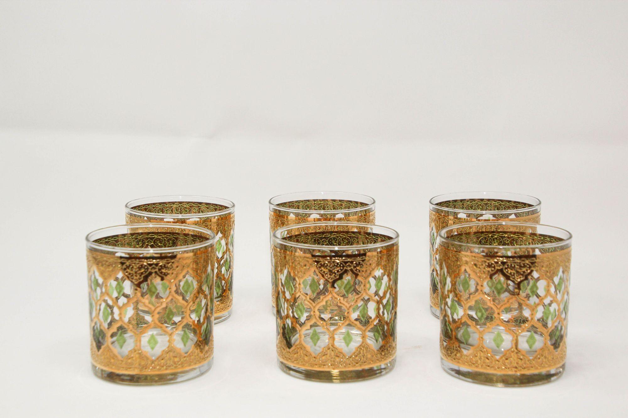 Moorish Set of 6 Vintage Culver Ltd Barware Glasses with 22-Karat Gold Valencia Design