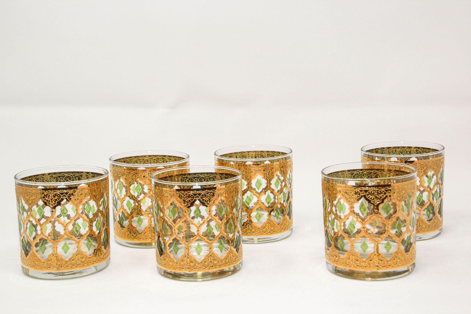 American Set of 6 Vintage Culver Ltd Barware Glasses with 22-Karat Gold Valencia Design
