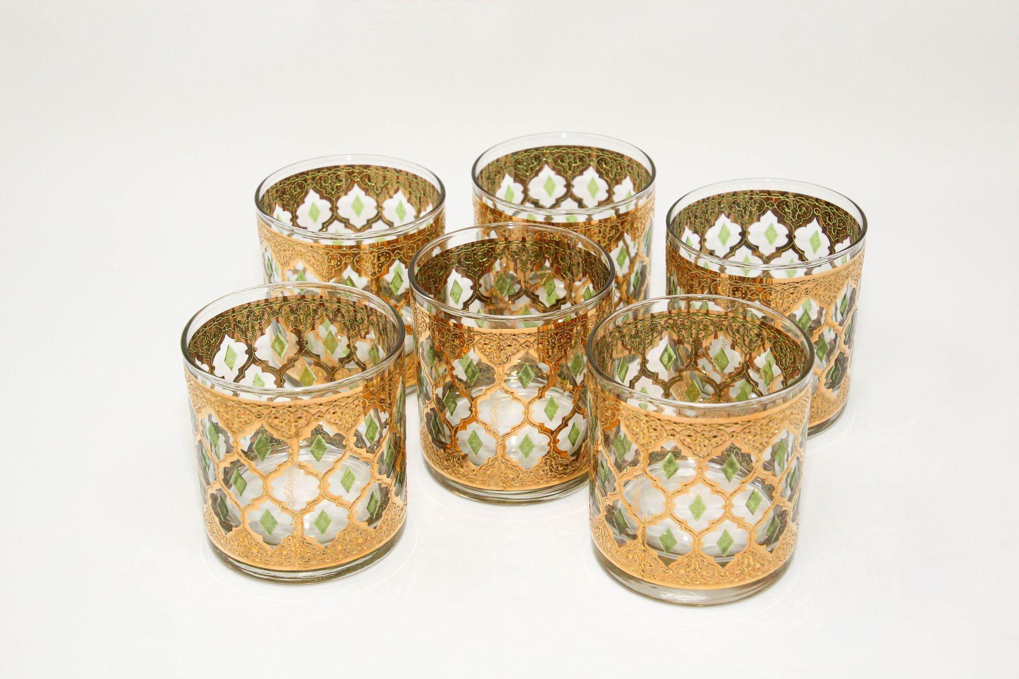 Gilt Set of 6 Vintage Culver Ltd Barware Glasses with 22-Karat Gold Valencia Design