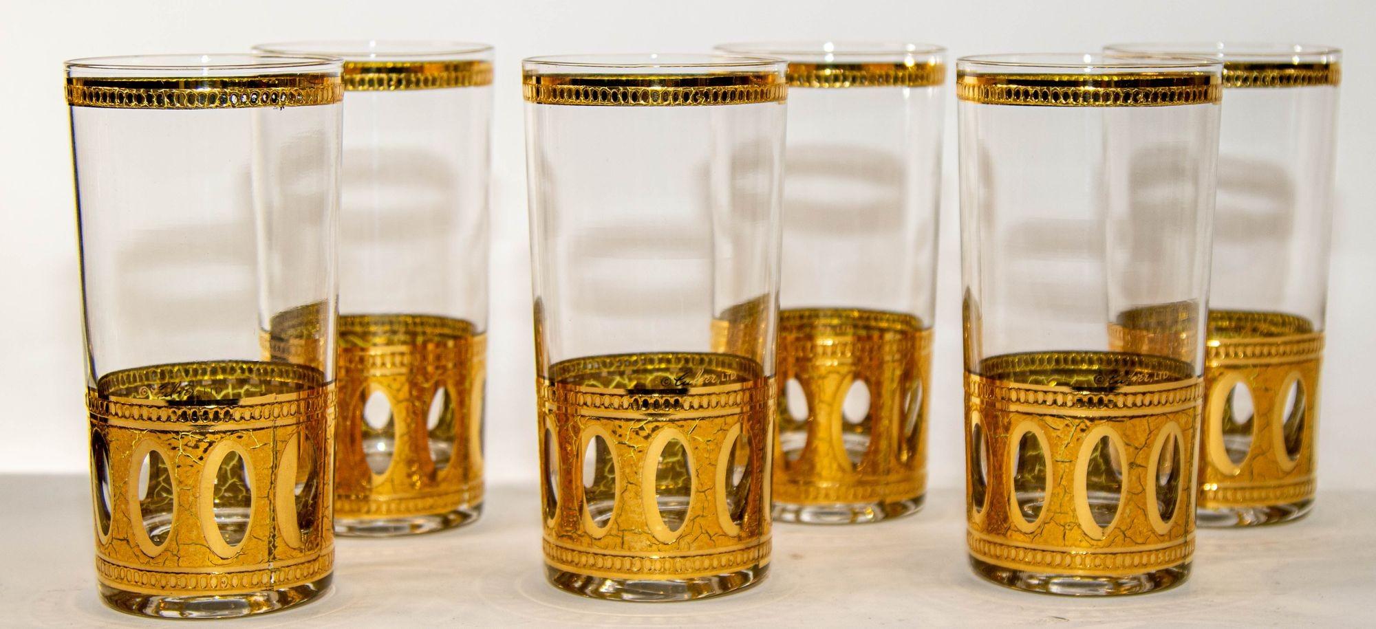 Set of 6 Vintage Cver Ltd Highball Glasses with 22-Karat Gd Antigua Circa 1950.Very Mad Men style and perfect for today's cocktail bar.The Cver Ltd pattern is Antigua 22-karat gd, a perfect mid-century set to add to your barware clection.This